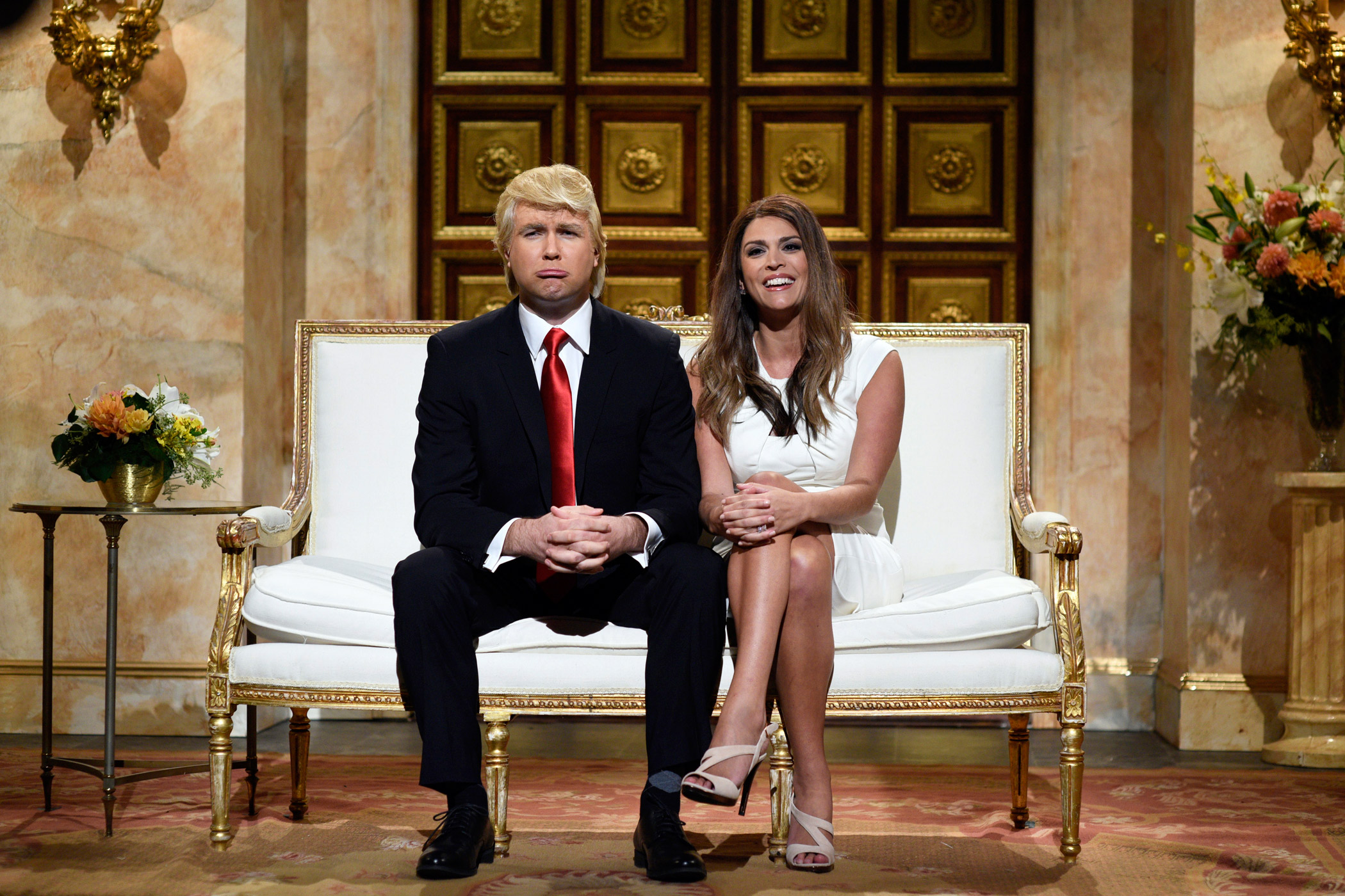 Comedians Taran Killam, as Donald Trump, and Cecily Strong, as Melania Trump, appeared in the sketch 'Trump Cold Open' on Oct. 3, 2015.