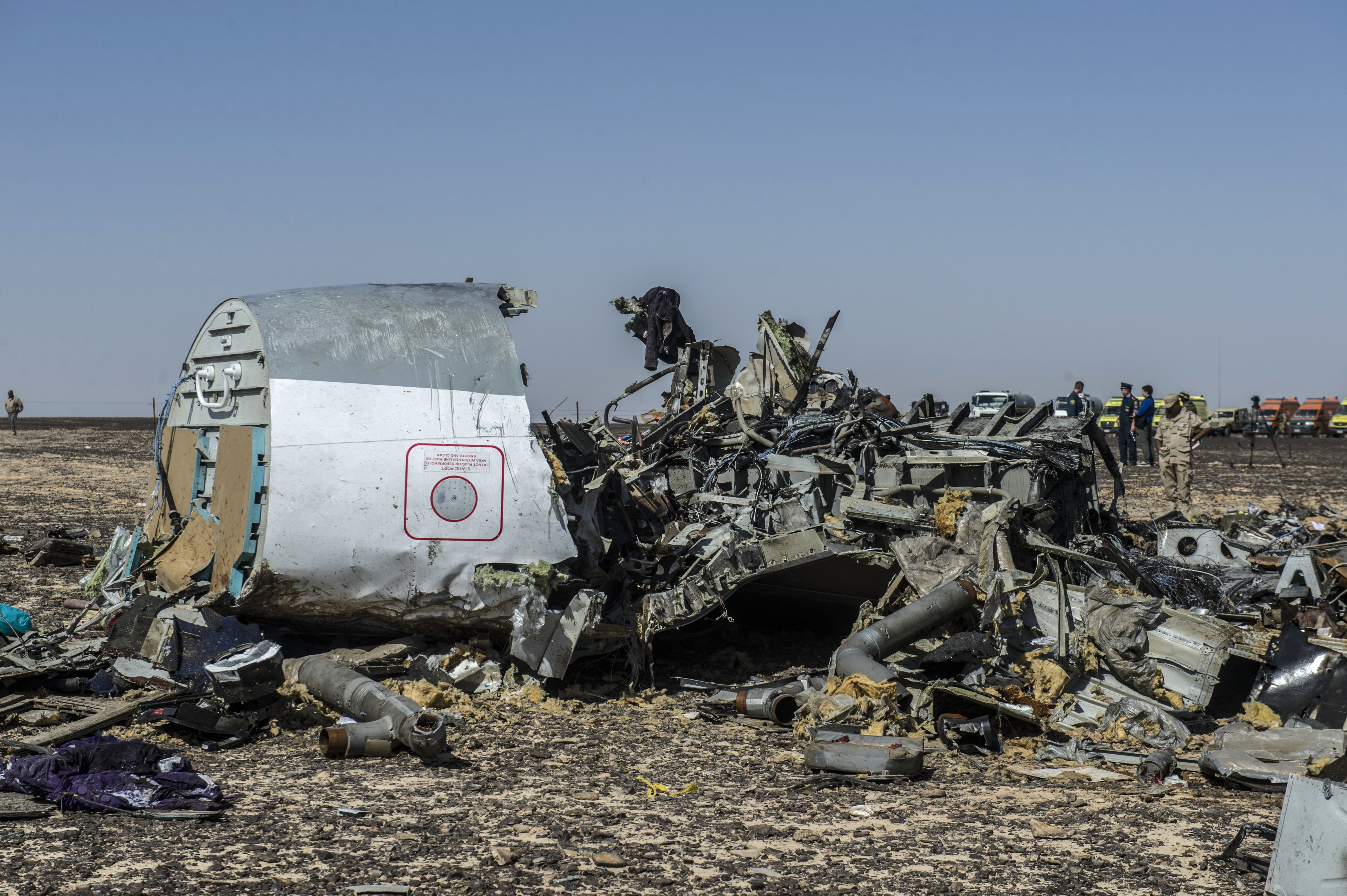 Debris of the A321 Russian airliner lie on the ground a day after the plane crashed in Wadi al-Zolomat, a mountainous area in Egypt's Sinai Peninsula, on Nov. 1. (Khaled Desouk—AFP/Getty Images)