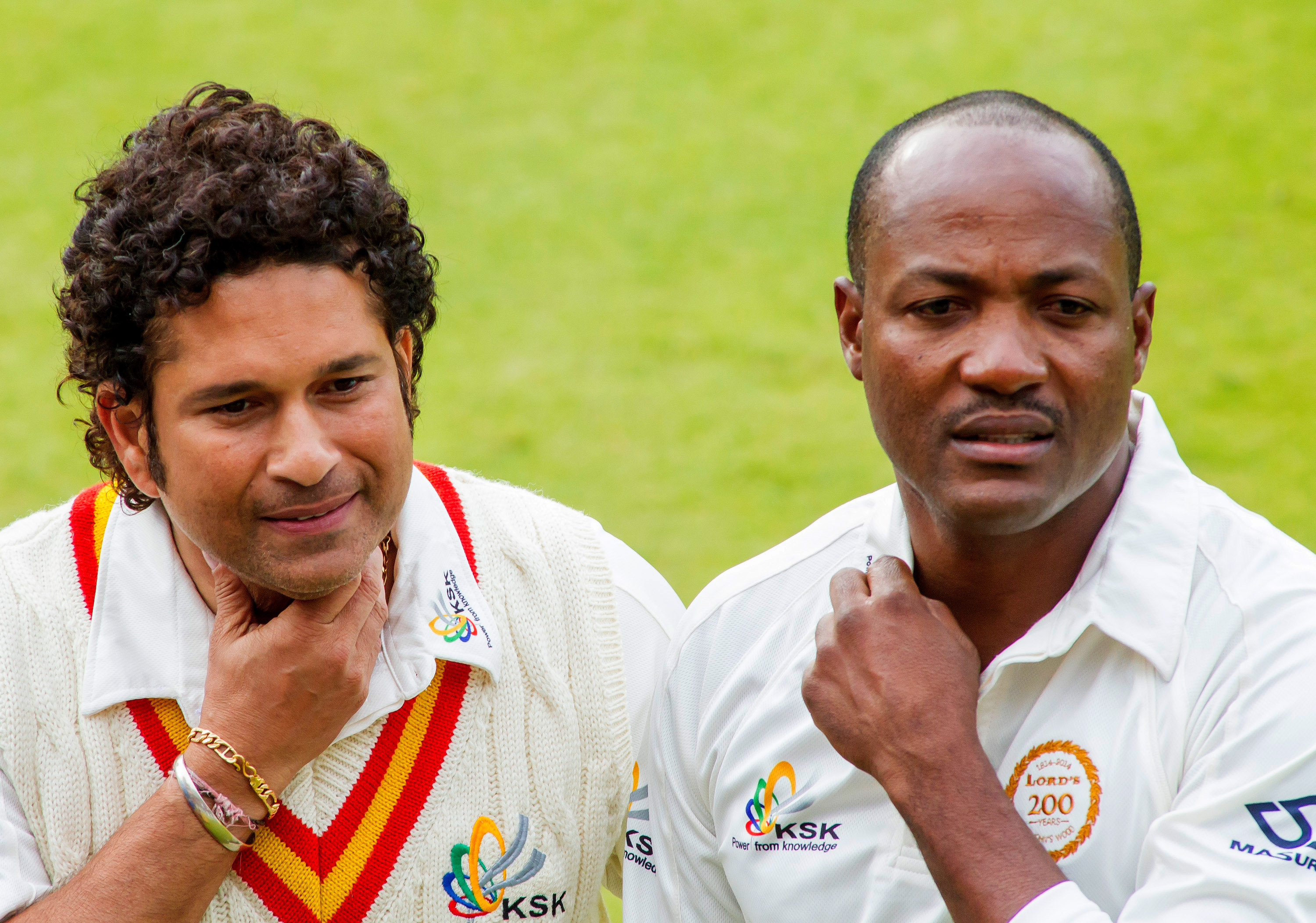 Sachin Tendulkar of India, left, and Brian Lara of the West Indies during a match at Lords Cricket Ground in London on July 5, 2014 (Mitchell Gunn—Getty Images)