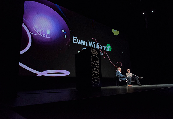 Evan Williams, co-founder of Twitter Inc., and co-founder and chief executive officer of Medium.com, speaks as Brad Stone, senior writer for Bloomberg Businessweekat the Bloomberg Businessweek Design 2015 Conference in San Francisco on April 28, 2015.