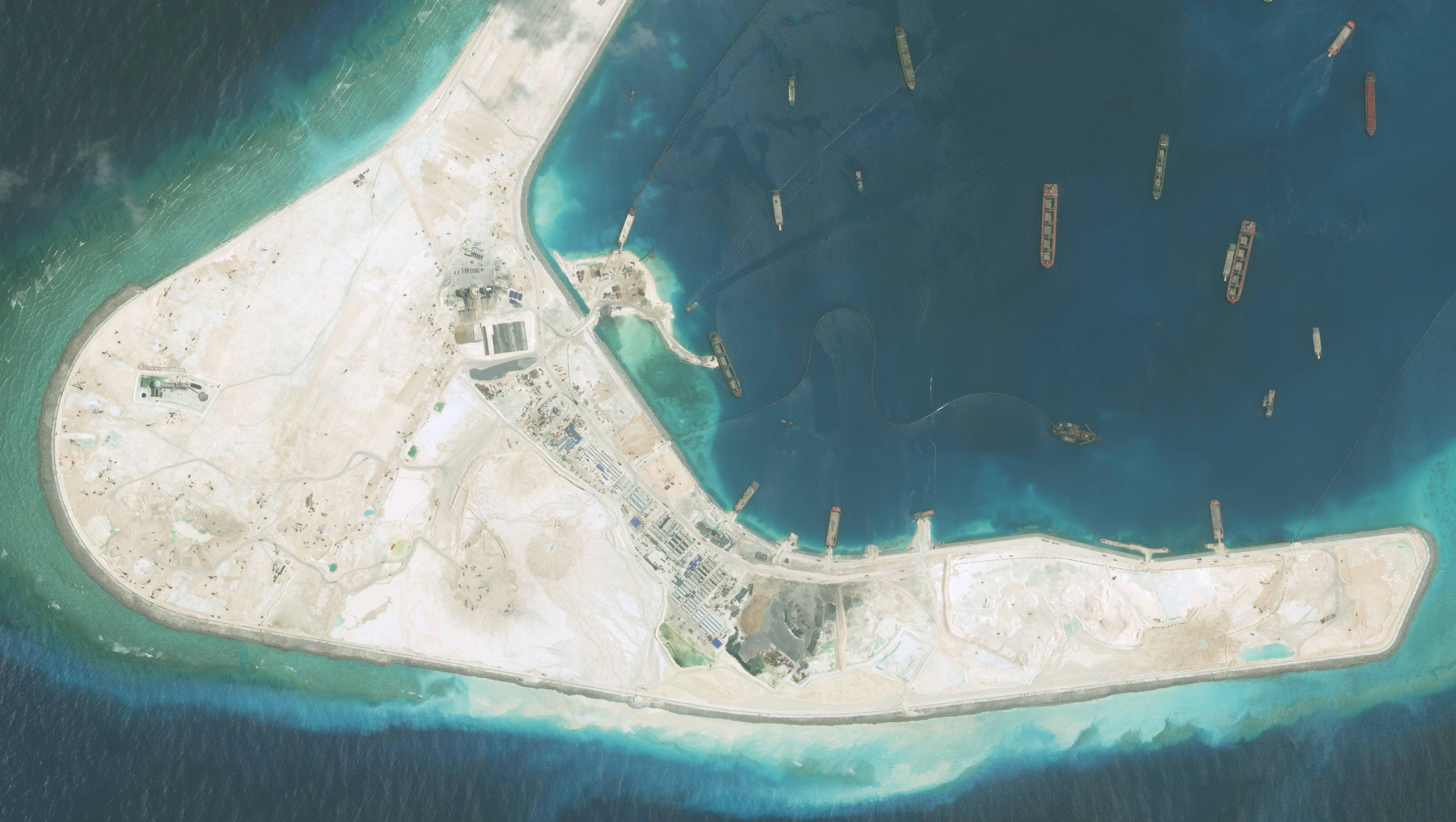 DigitalGlobe high-resolution imagery of the Subi Reef in the South China Sea, a part of the Spratly Islands group. Photo DigitalGlobe via Getty Images.