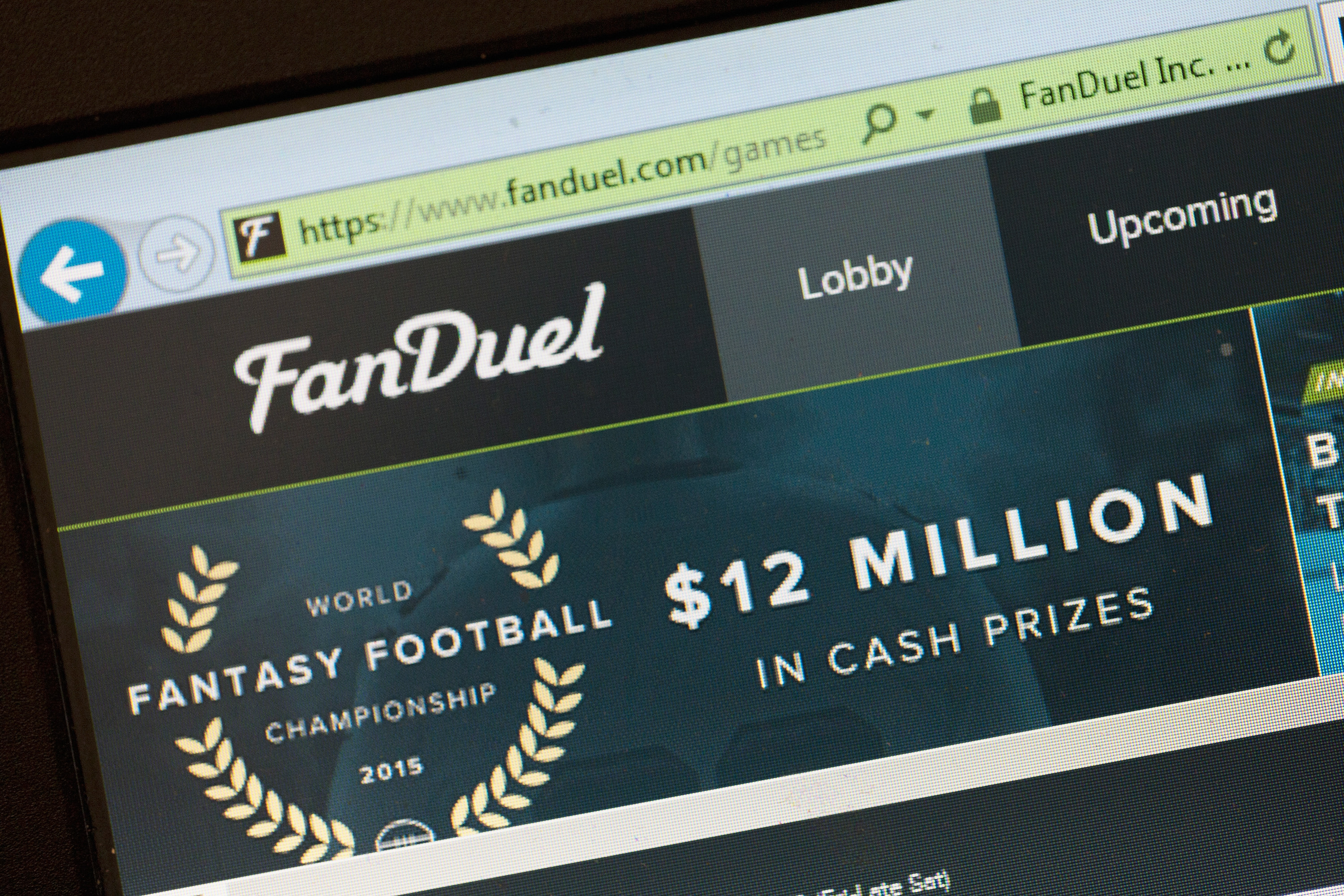 The fantasy sports website FanDuel  is shown on October 16, 2015 in Chicago, Illinois. FanDuel and its rival DraftKings have been under scrutiny after accusations surfaced of employees participating in the contests with insider information. An employee recently finished second in a contest on FanDuel, winning $350,000. Nevada recently banned the sites. (Scott Olson—Getty Images)