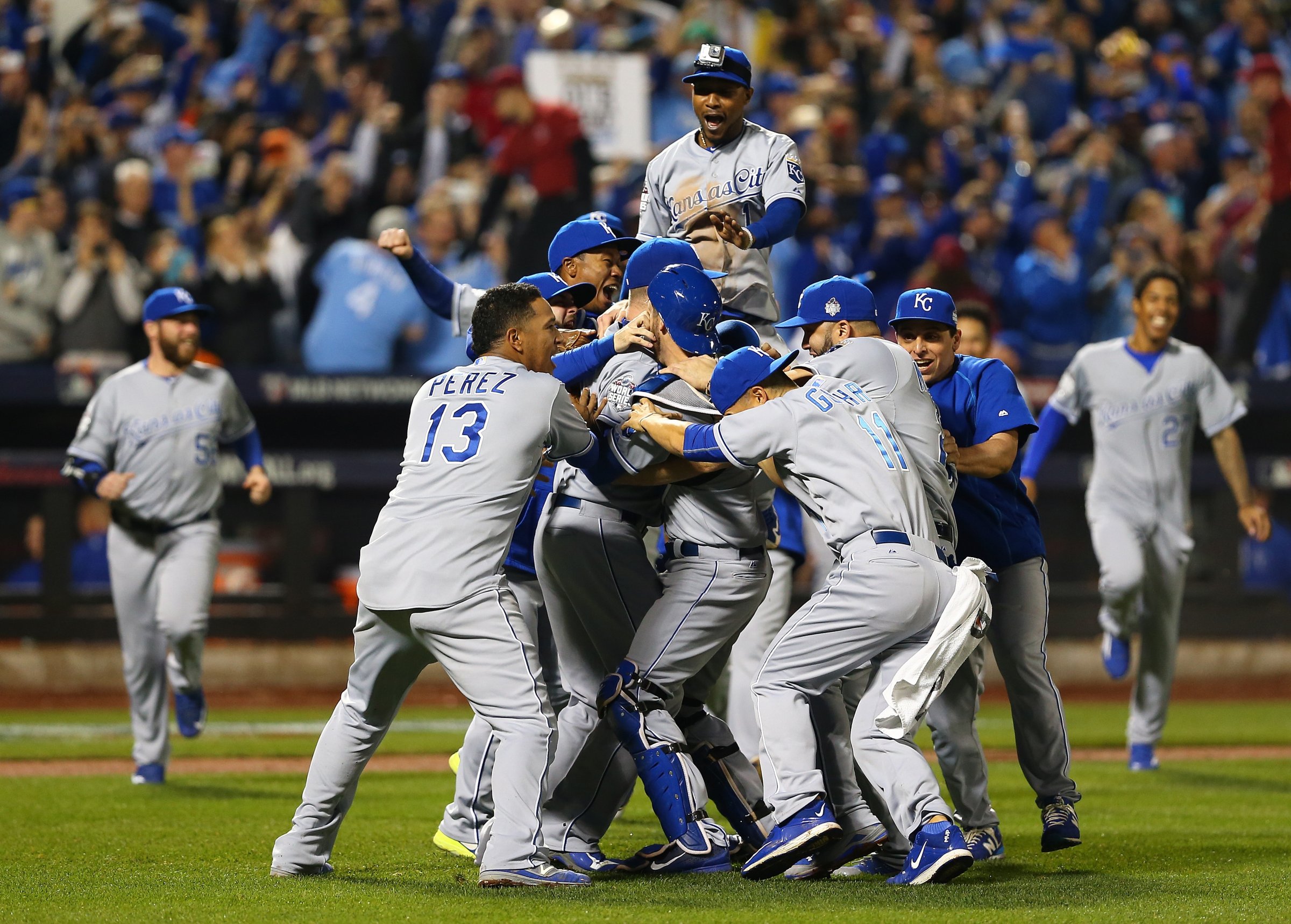 The Kansas City Royals celebrate defeating the New York Mets to win Game 5 of the 2015 World Series at Citi Field on Nov. 1, 2015 in Queens, New York City
