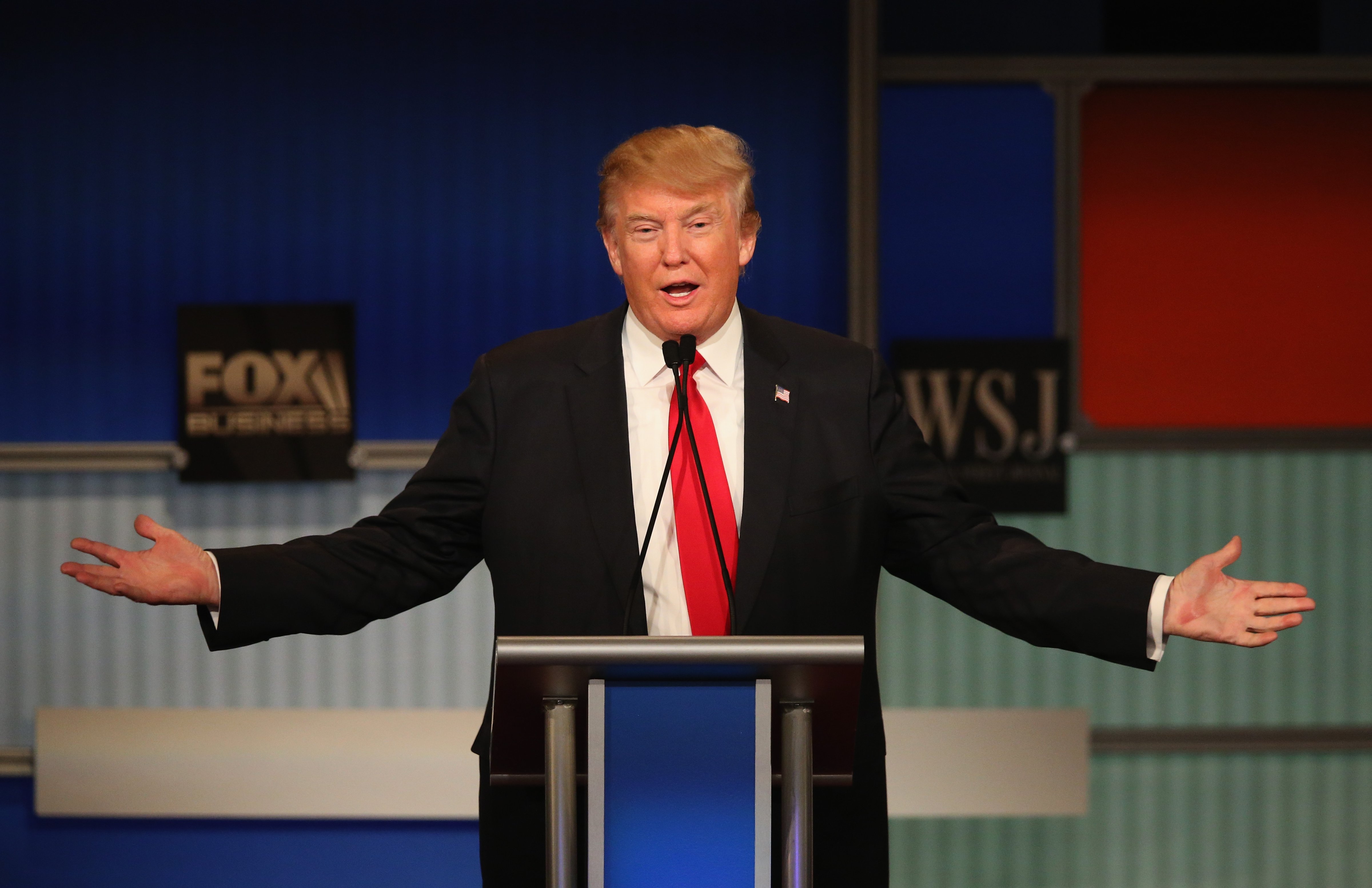 Presidential candidate Donald Trump speaks during the Republican Presidential Debate sponsored by Fox Business and the Wall Street Journal at the Milwaukee Theatre November 10, 2015 in Milwaukee, Wisconsin.  ( Scott Olson--Getty Images) (Scott Olson&mdash;Getty Images)