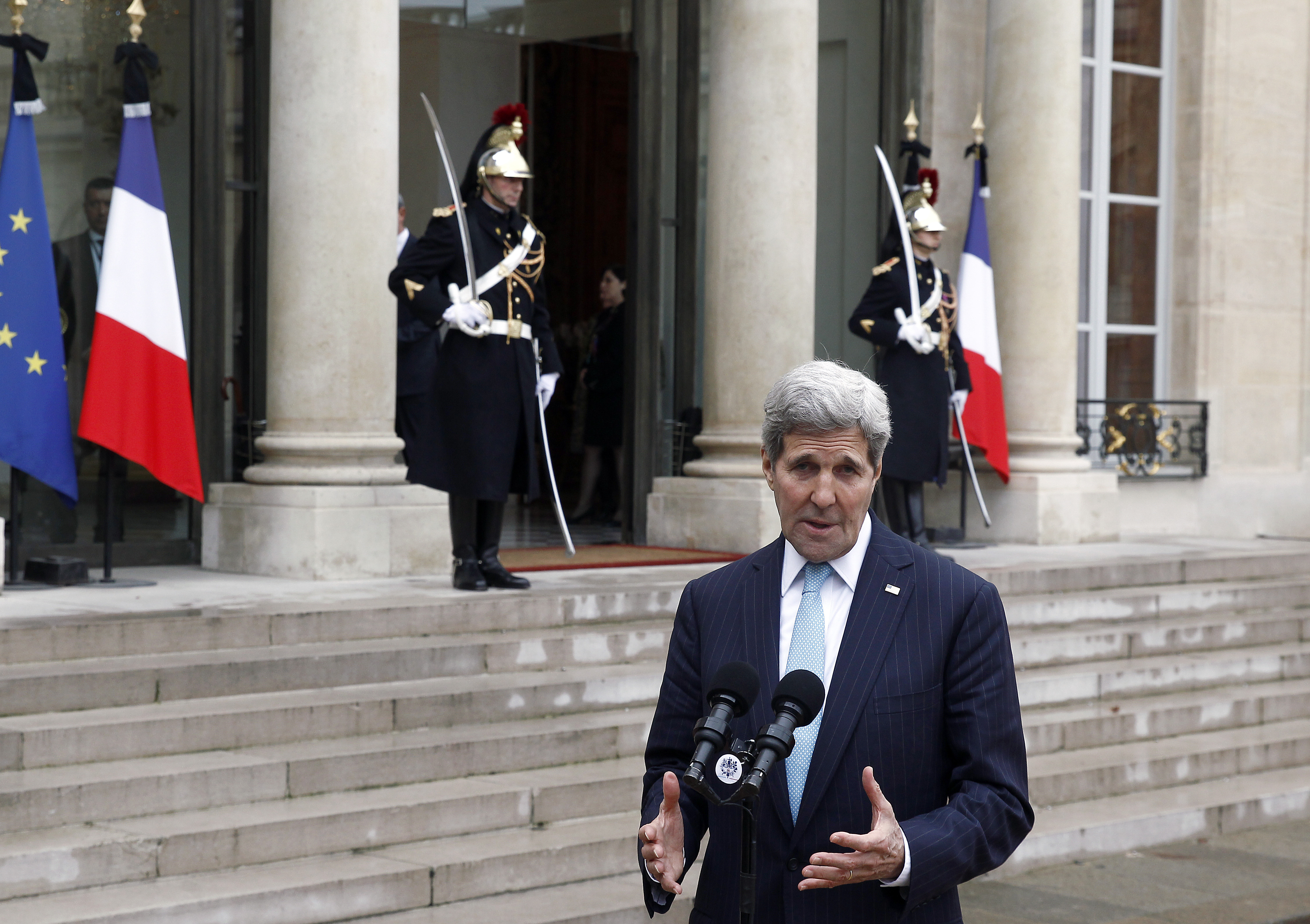 US Secretary of State John Kerry talks to the media after a meeting with French President Francois Hollande at the Elysee Presidential Palace on November 17, 2015 in Paris, France. John Kerry arrives in Paris to pay tribute to victims of last week's terrorist attacks. (Thierry Chesnot—Getty Images)