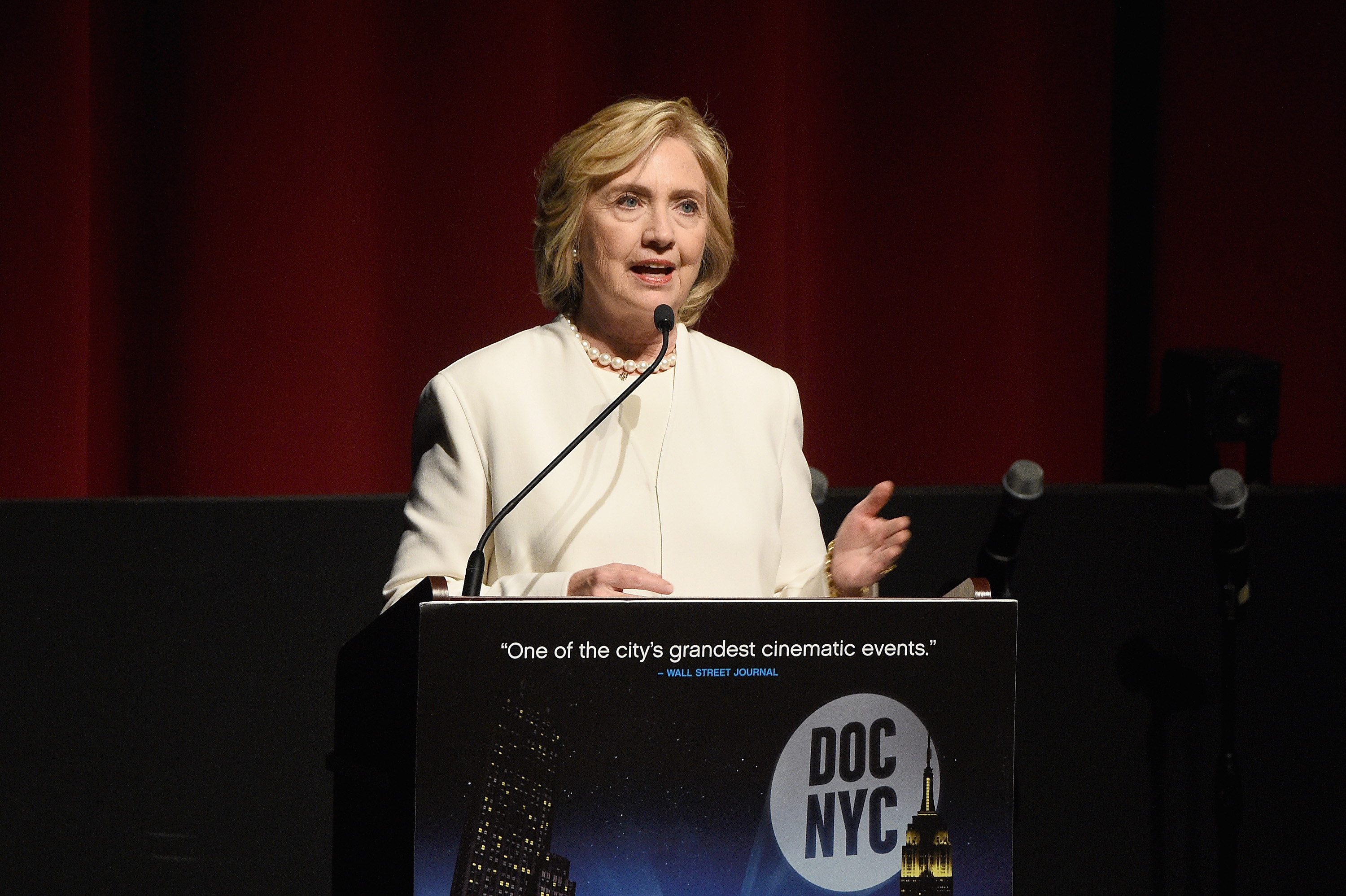 Former United States Secretary of State Hillary Clinton speaks on stage at AOL's MAKERS: Once And For All Premiere at the DOC NYC on November 19, 2015 in New York City. (Larry Busacca&mdash;Getty Images for AOL)