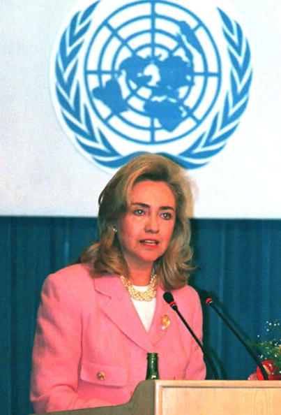 US First Lady Hillary Clinton speaks at the "Women and Health" seminar sponsored by the World Health Organization at the UN Fourth World Conference on Women September 5, 1995, in Beijing.