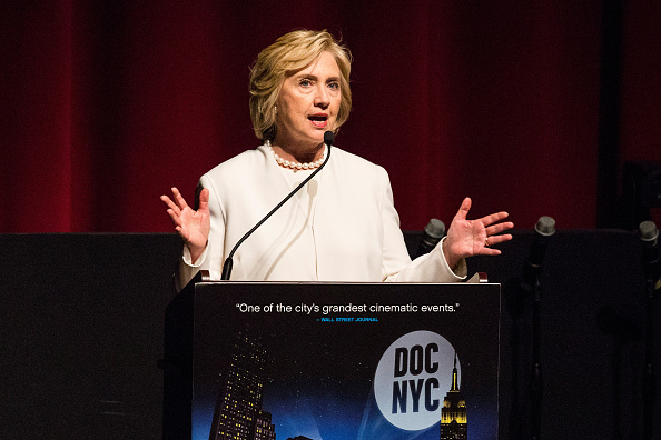 Democratic presidential hopeful Hillary Clinton speaks at the premier of the documentary film "Makers: Once and For All" at the School of Visual Arts on November 19, 2015 in New York City.