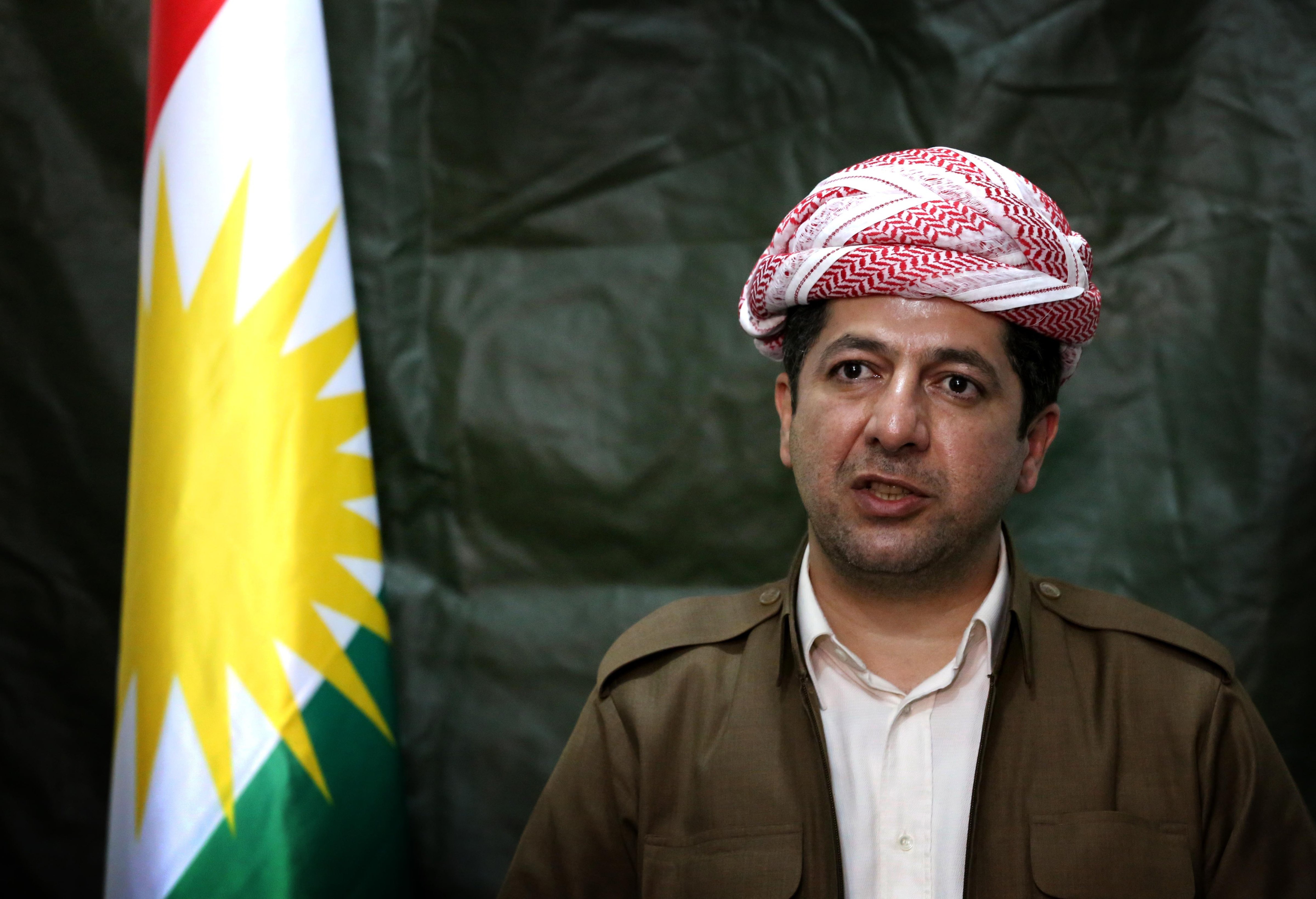 Masrour Barzani, chancellor of the Kurdistan Regional Security Council speaks during a press conference