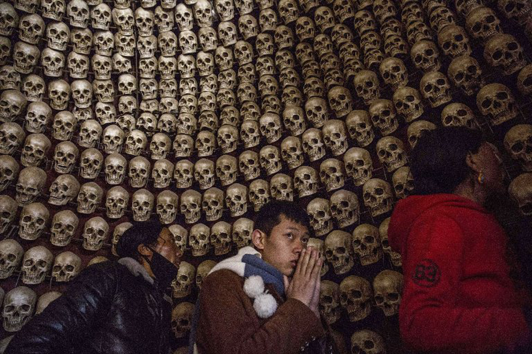 A shrine is made of fake skulls at the sky burial site near the Larung Wuming Buddhist Institute.