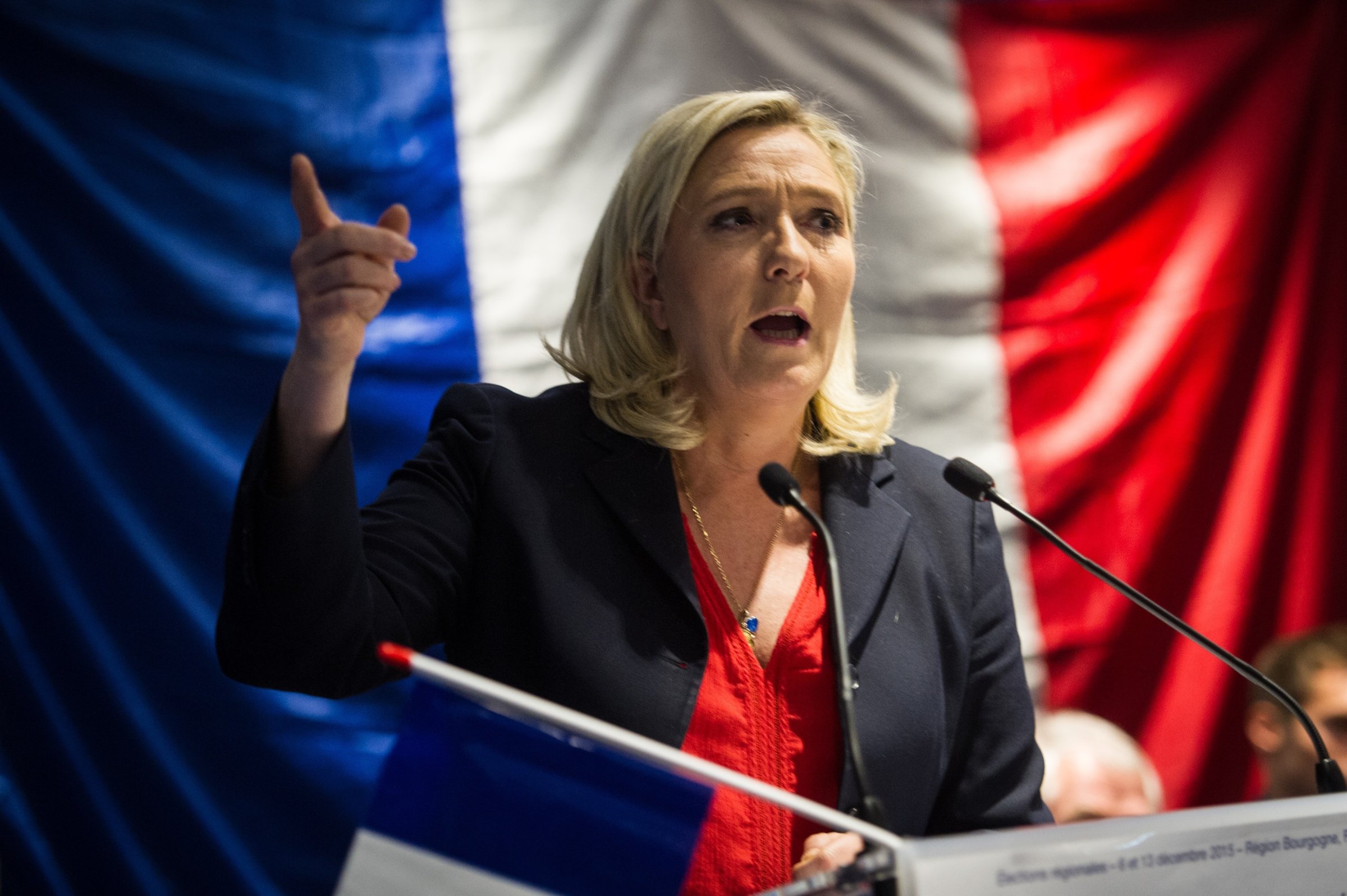 Head of the Front National (FN) far-right party, Marine Le Pen, delivers a speech during a meeting on Oct. 28, 2015.