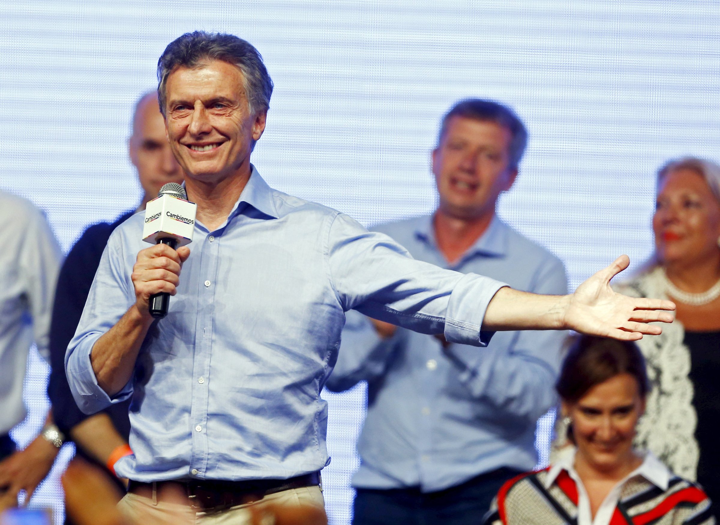 Mauricio Macri, presidential candidate of the Cambiemos coalition, speaks to his supporters after the presidential election in Buenos Aires, Argentina on Nov. 22, 2015.