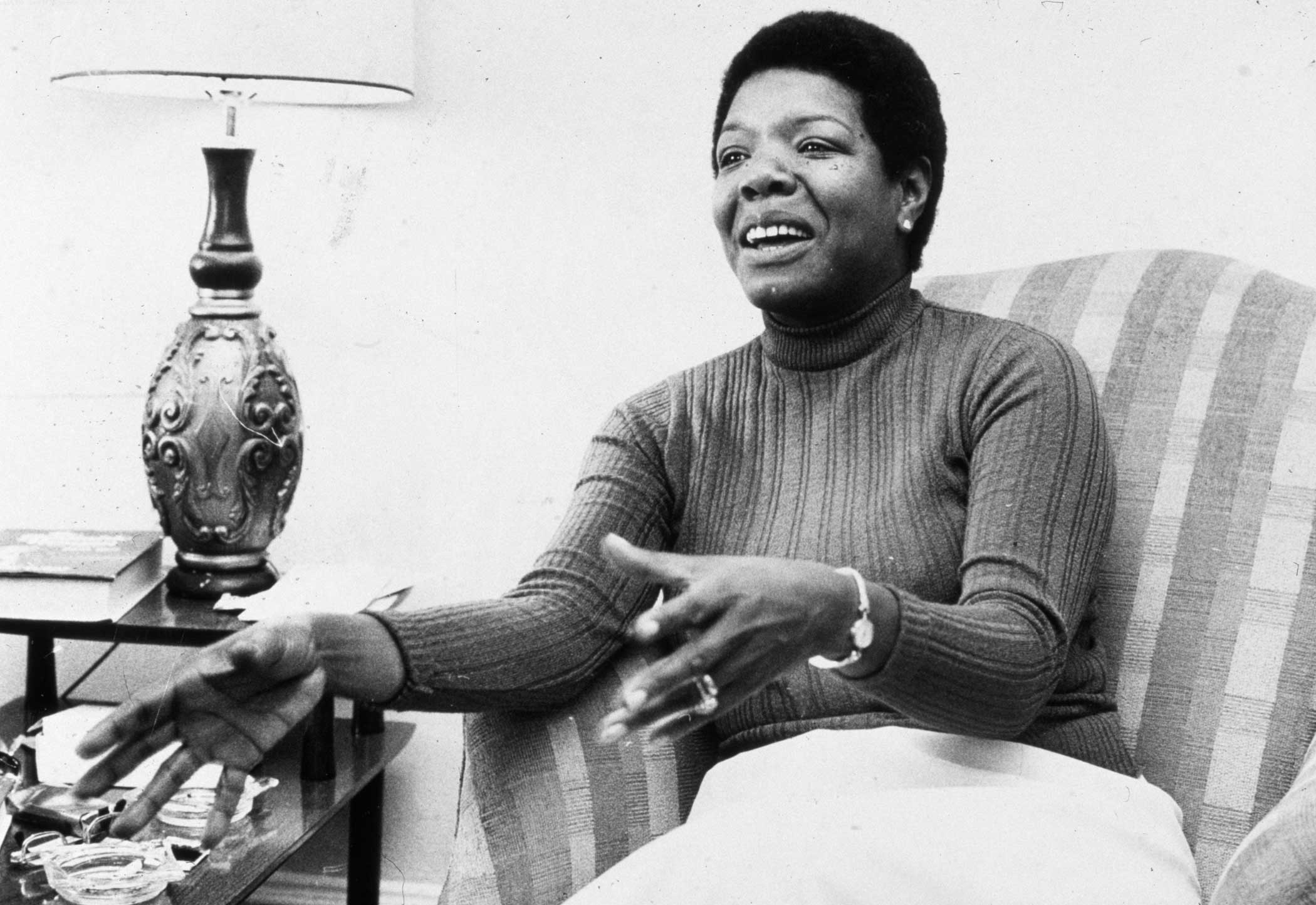 Maya Angelou gestures while speaking during an interview at her home on April 8, 1978. (Jack Sotomayor—Getty Images)