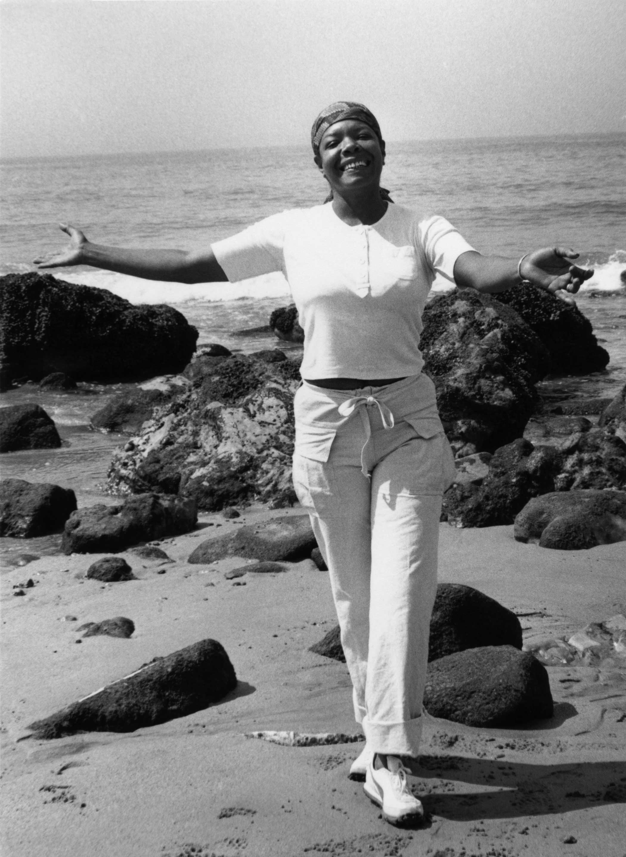 Maya Angelou on the beach in 1988 in Pacific Palisades, Calif.