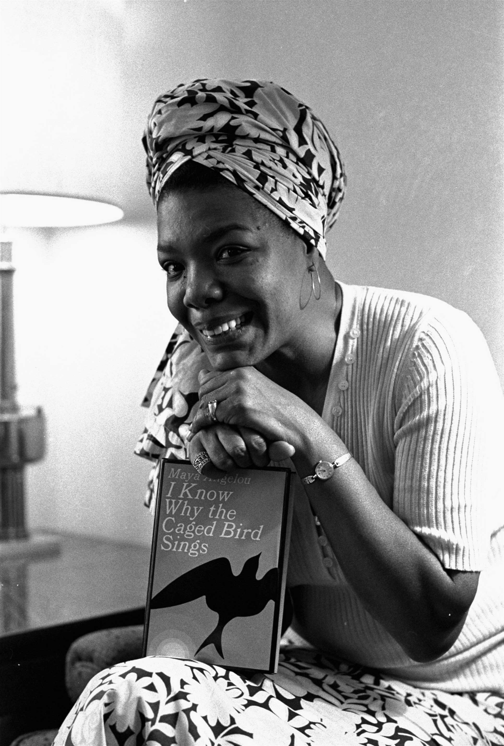 Maya Angelou with a copy of I Know Why the Caged Bird Sings on Nov. 3, 1971 in Hollywood, Calif.