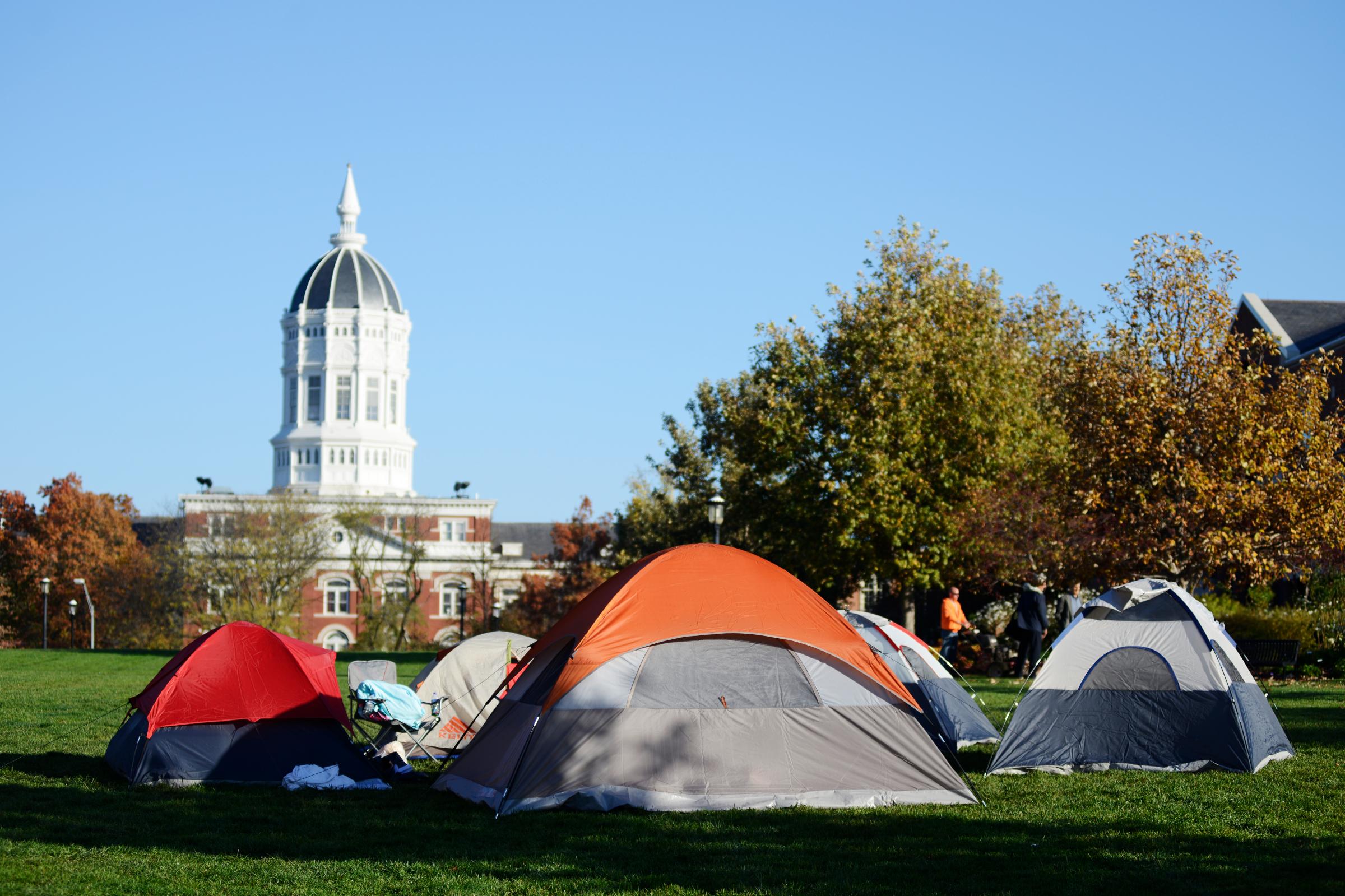 Students from Concerned Student 1950 camp out near Traditions Plaza on Missouri's campus on Nov. 3, 2015 in Columbia, Mo. The students said they would camp until Tim Wolfe, the university's president, was removed from his position.