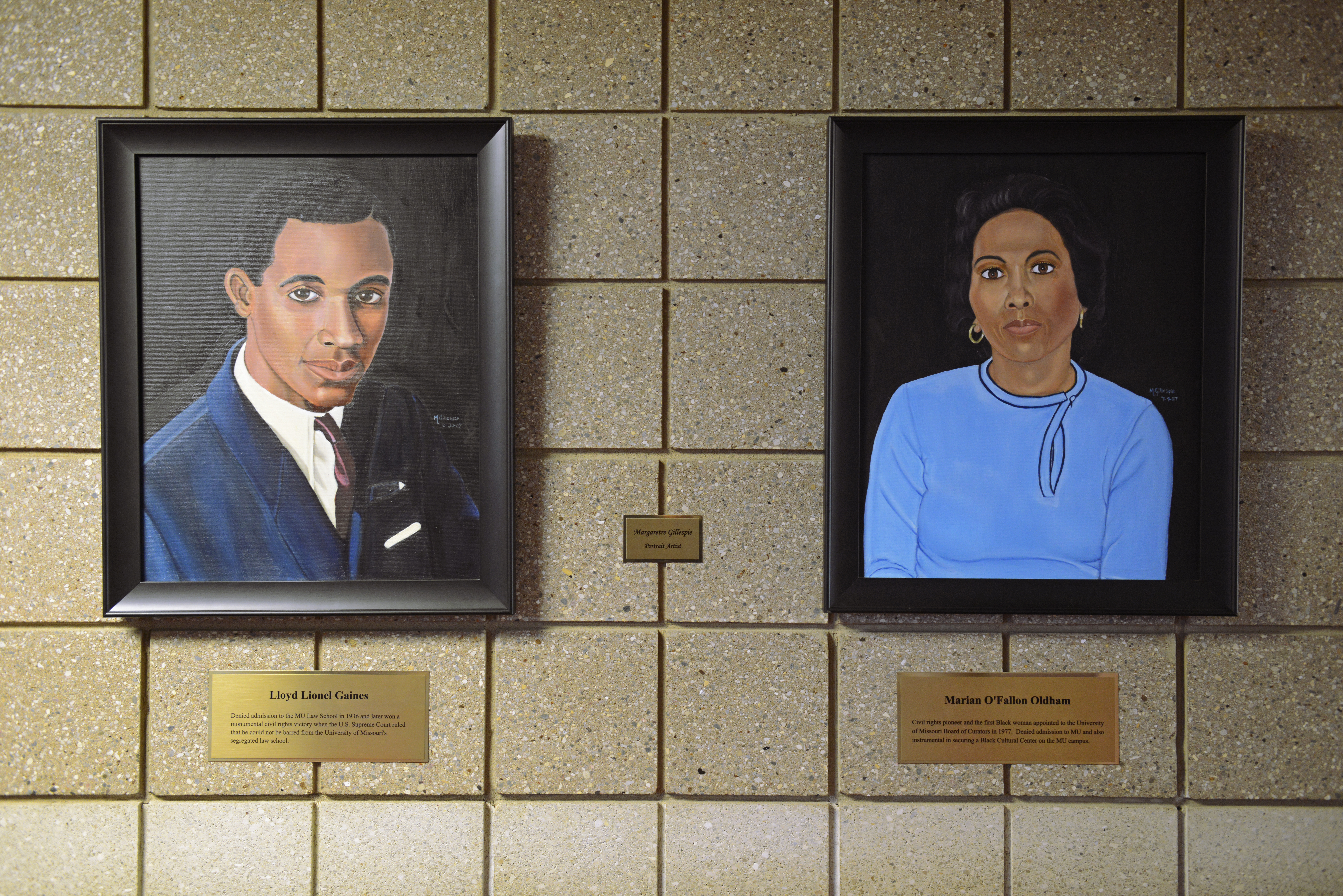Portraits depicting Lloyd Lionel Gaines and Dr. Marian OÕFallon Oldham hang inside the Gaines/Oldham Black Culture Center on Nov. 6, 2015. Gaines was denied admission to Missouri's law school in 1936 because of his race, taking the case to the Supreme Court, where he won. Dr. Oldham was a former St. Louis school teacher and civil rights activist who was denied admission to the University of Missouri based on her race. Oldham went on to become the first Black woman curator on the University of Missouri Board of Curators in March 1977.
