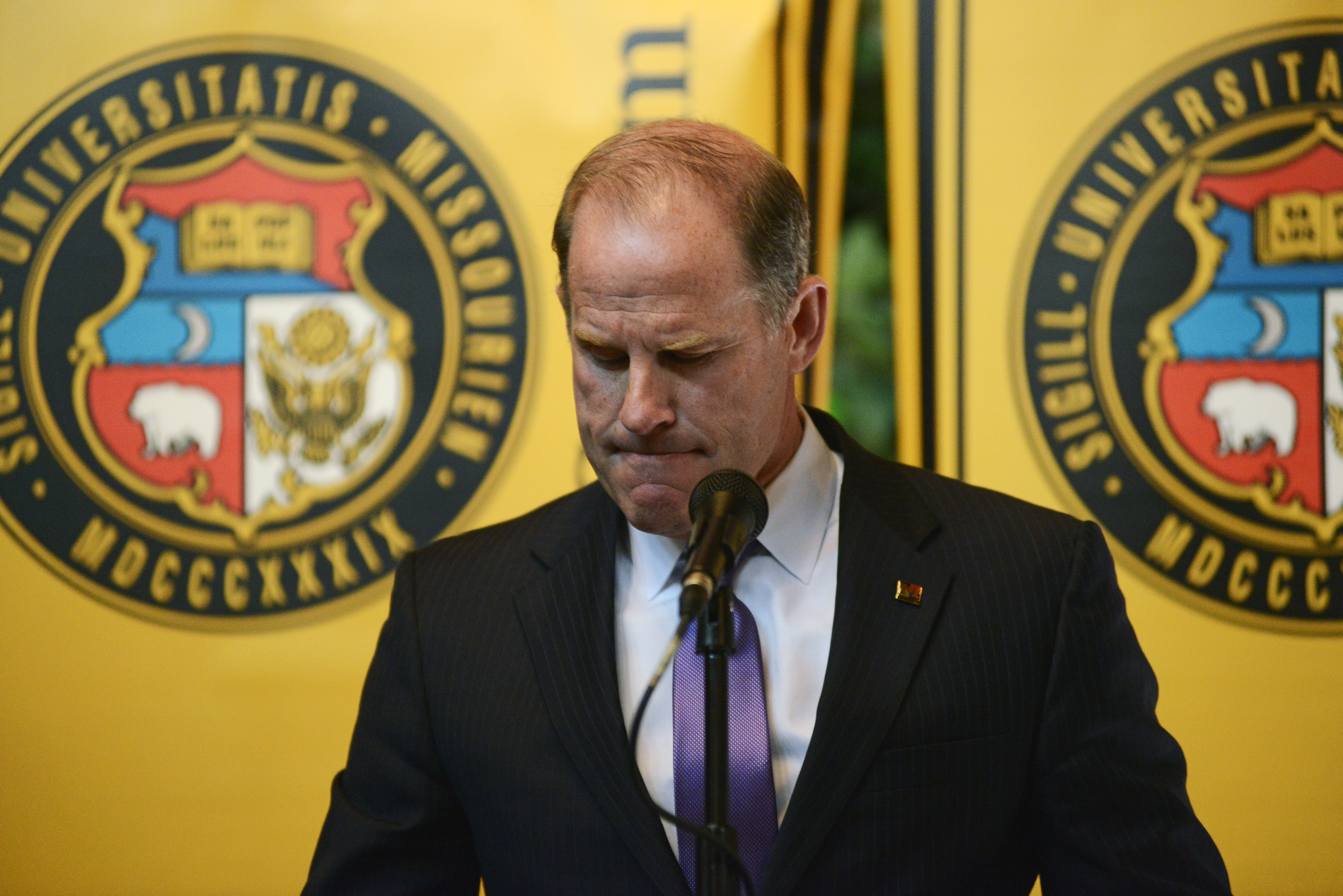 University of Missouri President Tim Wolfe announces his resignation at the Old Alumni Center on Nov. 9, 2015. The resignation was preceded by a Saturday announcement from thirty football players who said they were boycotting football-related activities until Wolfe was removed from his post.