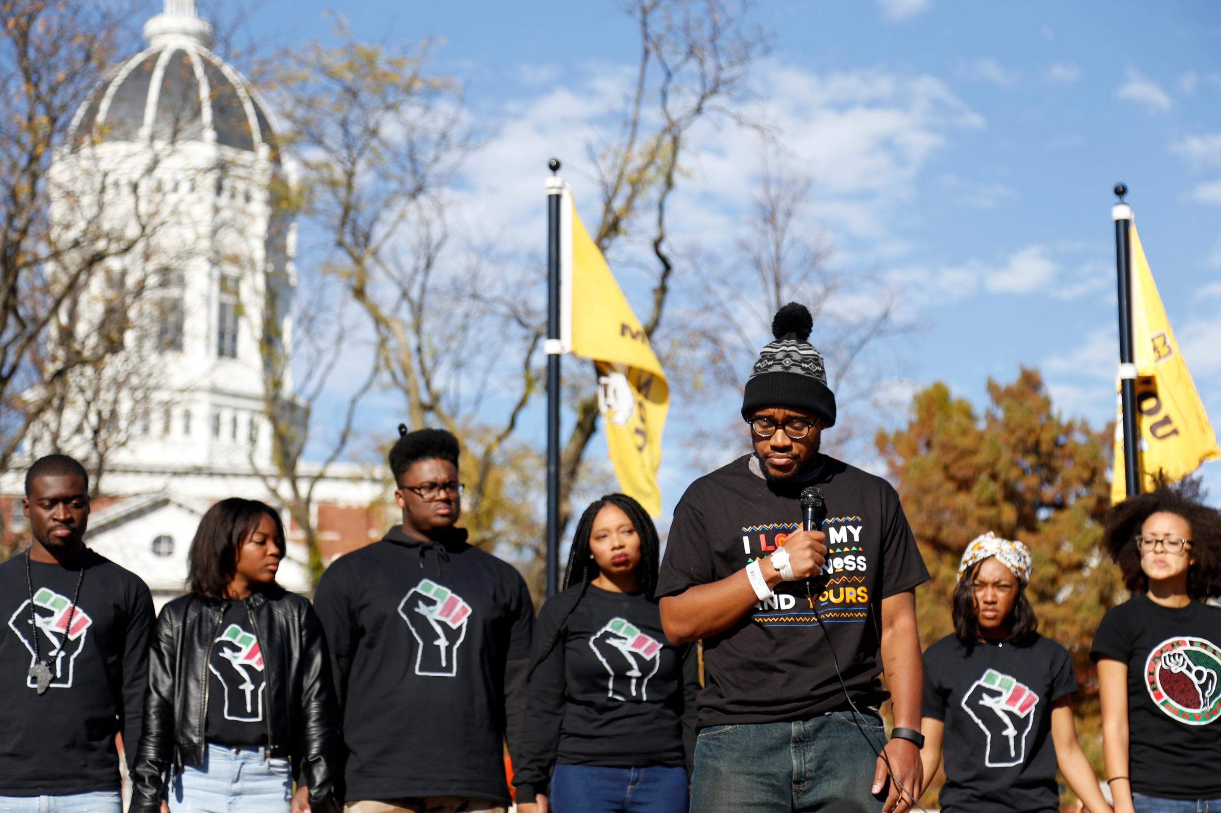 Concerned Student 1950 members holds a news conference after Tim Wolfe resigned as president from University of Missouri on Nov. 9, 2015. Jonthan Butler, at microphone, ended his hunger strike upon Wolfe's resignation.