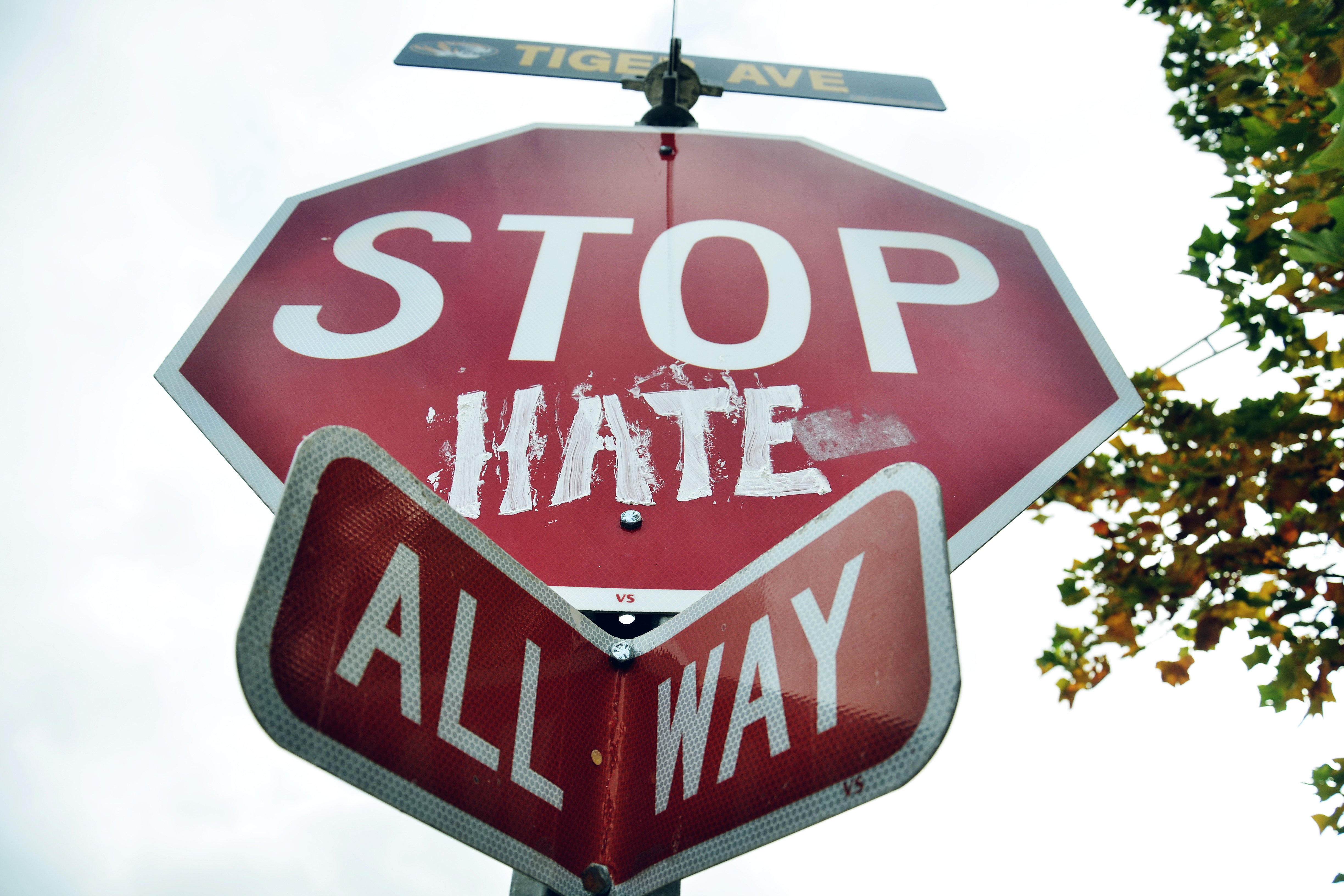 A stop sign on the corner of Tiger Avenue and Conley Avenue in Columbia, Mo. reads  Stop Hate  on Nov. 11, 2015. Several classes were cancelled after various threats were made to the campus.