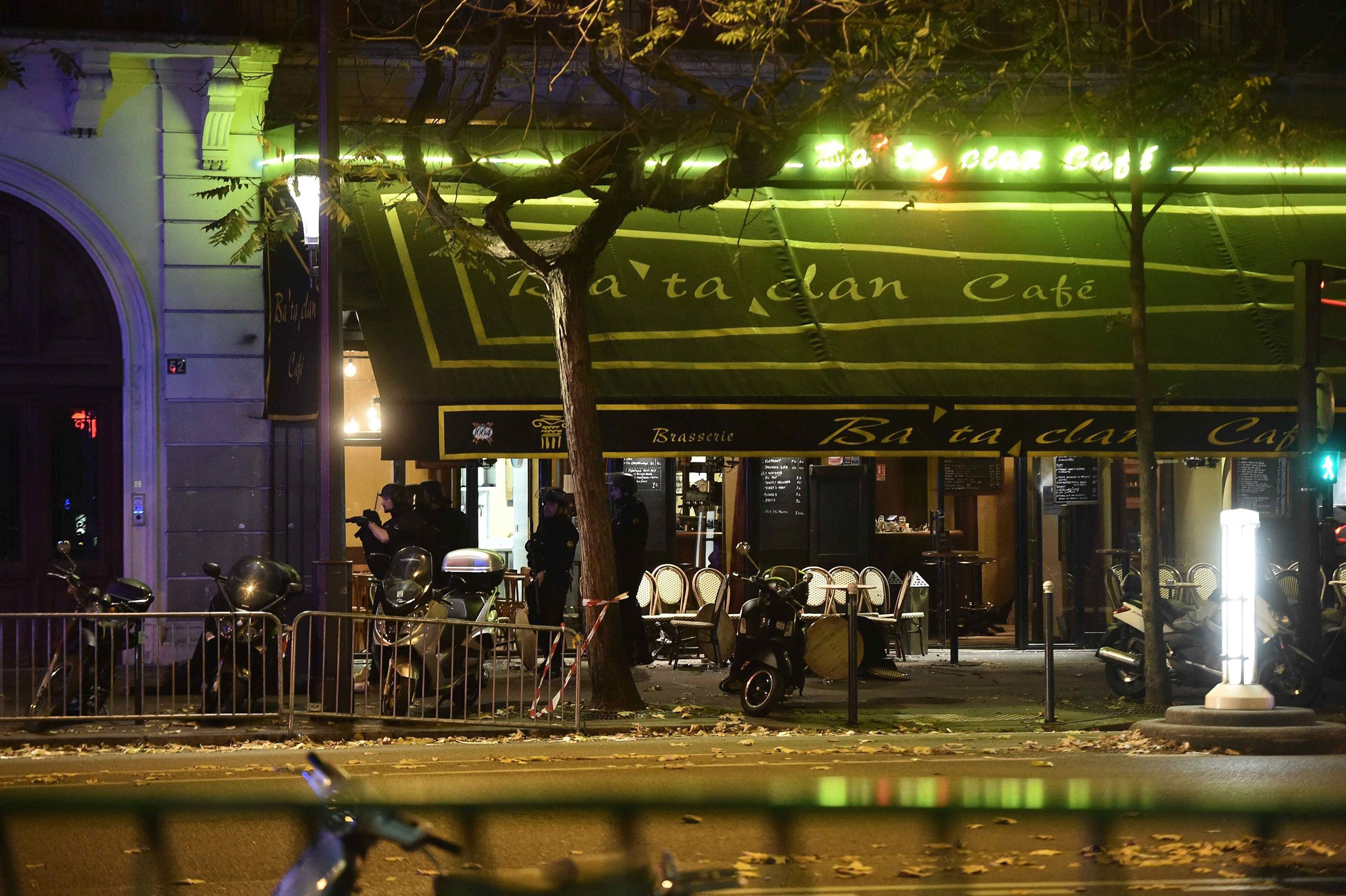 A general view of damage outside the Bataclan concert venue where a gunman has reportedly taken people hostage in Paris on Nov. 13, 2015. (Christophe Petit Tesson—EPA)