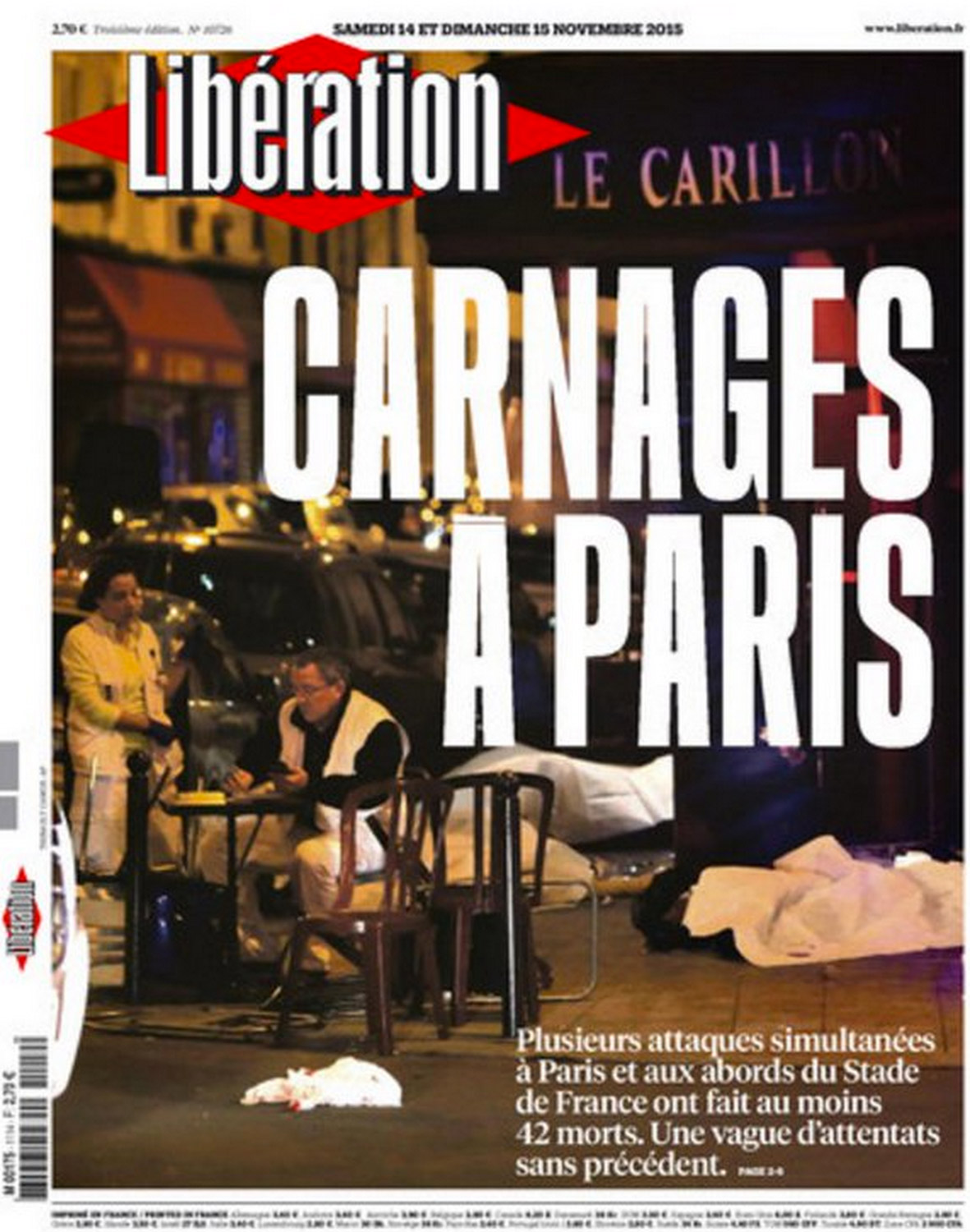 The front page of Liberation after the Paris attacks on Nov. 13, 2015