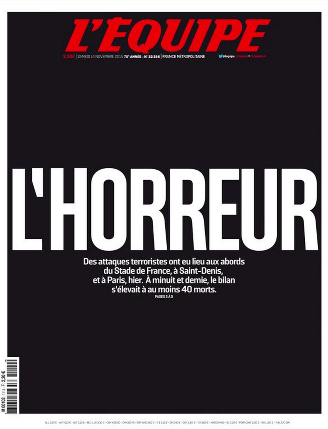 The front page of L'Equipe after the Paris attacks on Nov. 13, 2015