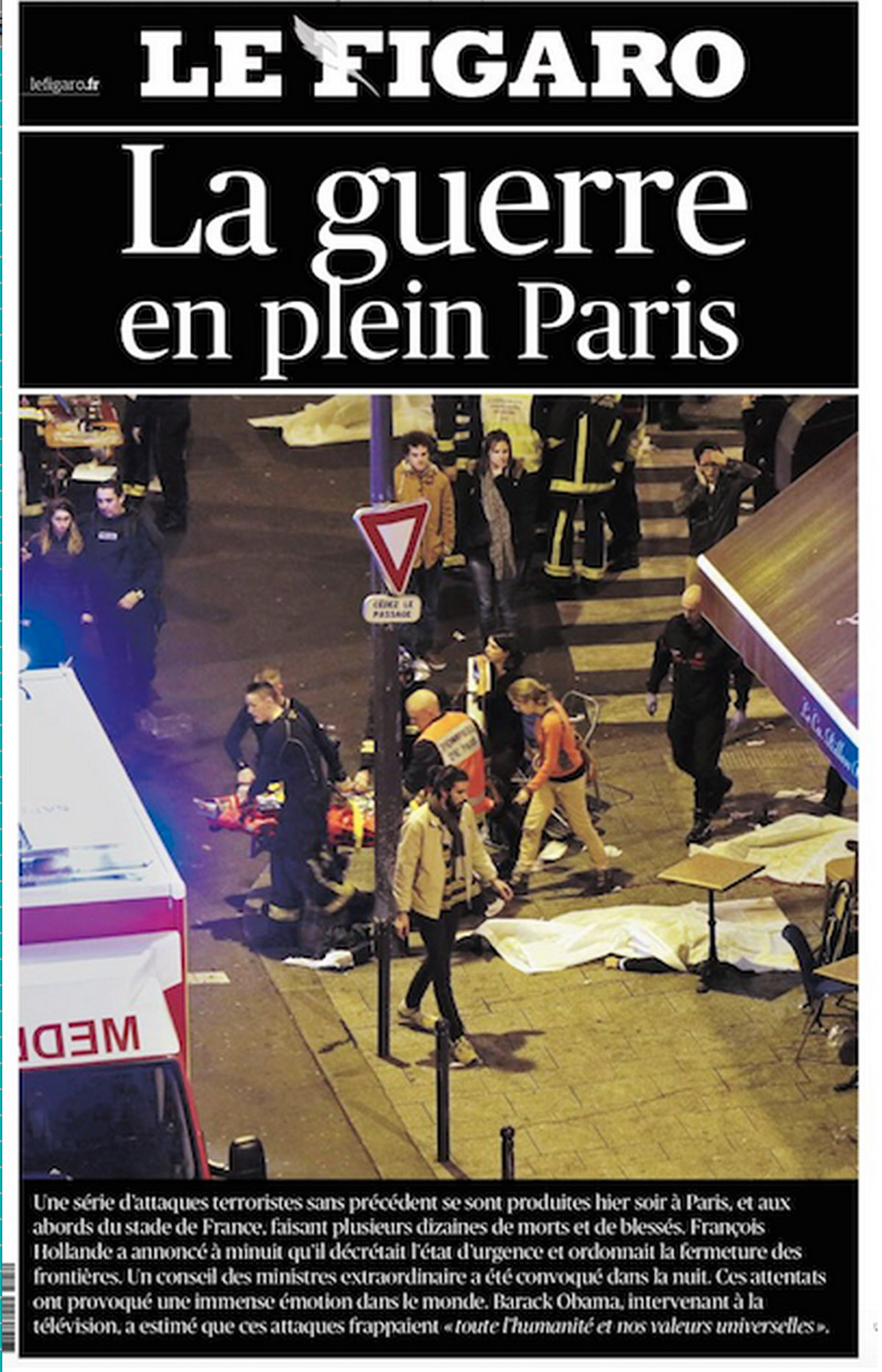 The front page of Le Figaro after the Paris attacks on Nov. 13, 2015