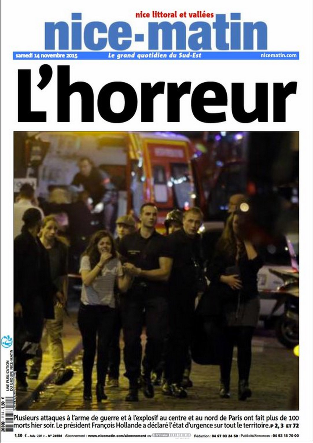 The front page of Nice Matin after the Paris attacks on Nov. 13, 2015