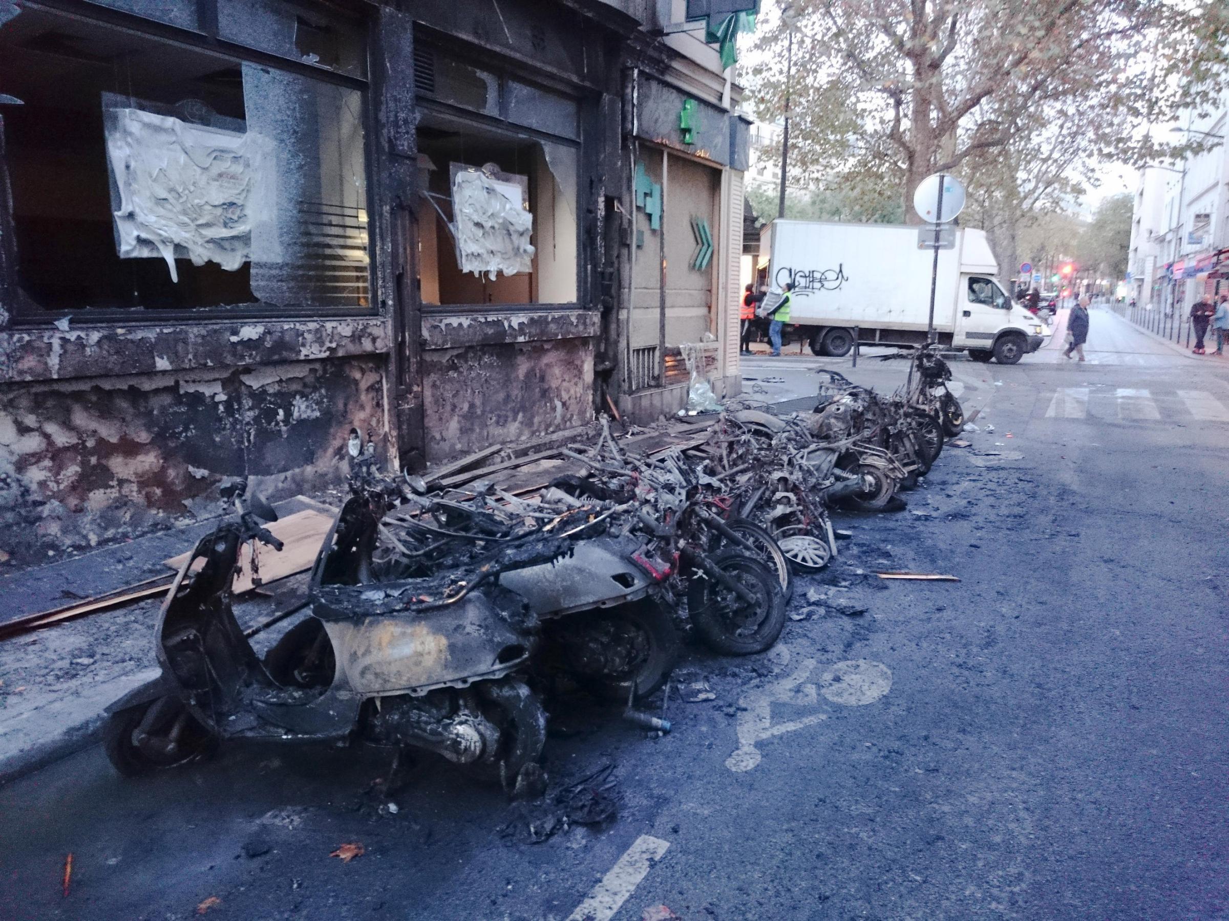 Dozens of burnt motorbikes and bikes are pictured on the corner of Albert Thomas Lancry streets, in the 10th arrondissement of Paris, on November 14, 2015, few hours after a series of terror attacks that occurred across the city.  ©MAXIME JOUY/NEWZULU/Al