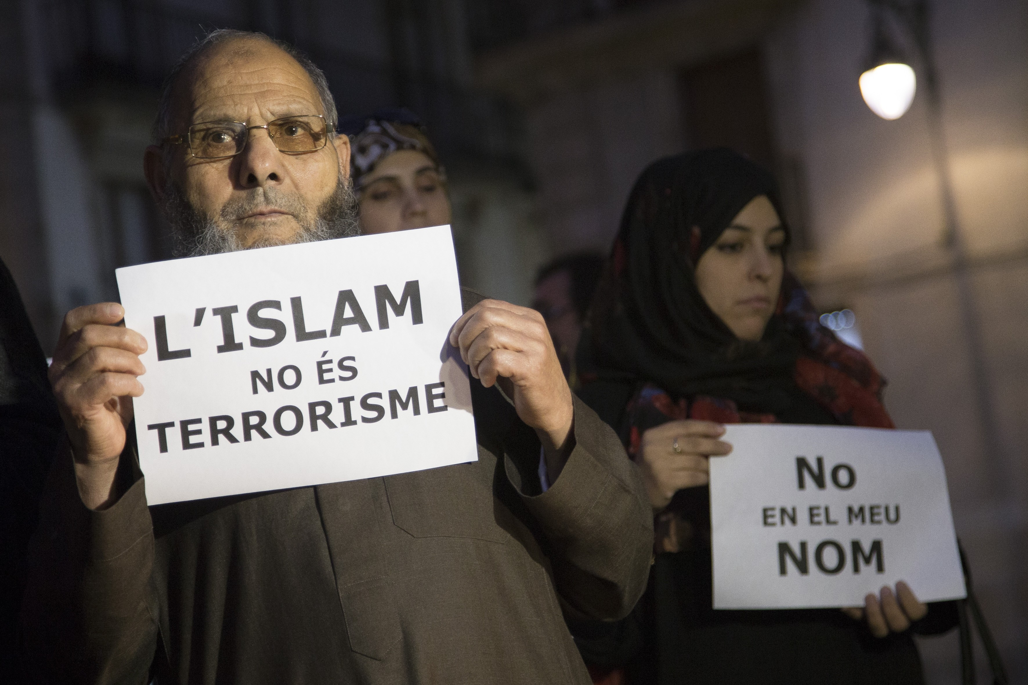 Muslims from Barcelona gather to condemn the terror attacks in Paris in Barcelona, Spain on Nov. 16, 2015. (Albert Llop—Getty Images)