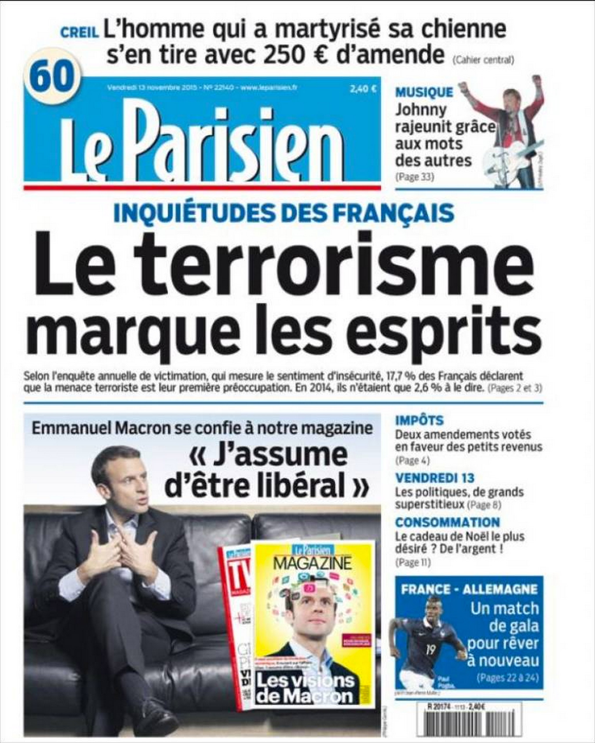 The Front page of French daily Le Parisien on Nov. 13, 2015
