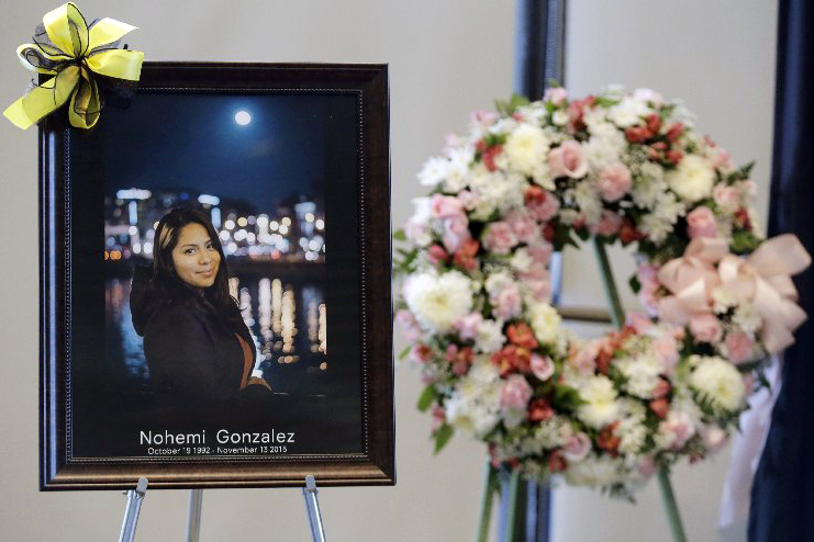 A picture of Nohemi Gonzalez, who was killed in the attacks on Paris, is displayed during a memorial service on Nov. 15, 2015 in Long Beach, Calif.
