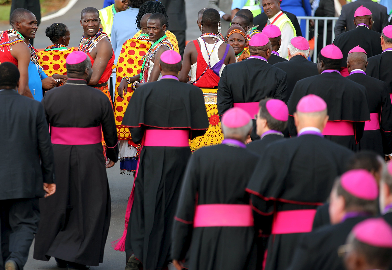 Members of Maasai tribe wait for Pope Francis to arrive in Nairobi, at Jomo Kenyatta International Airport, Kenya on Nov. 25, 2015.