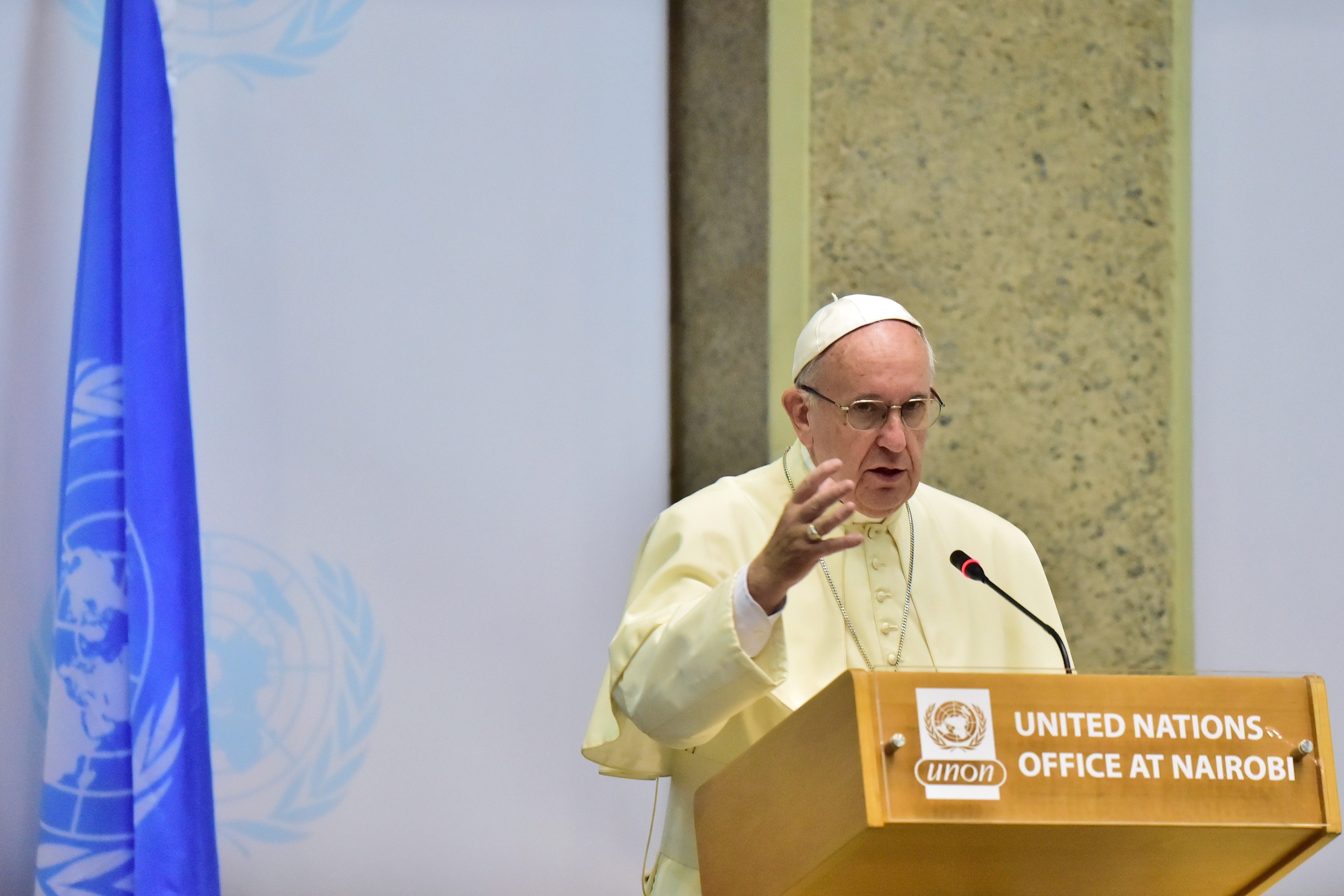 Pope Francis delivers a speech at the United Nations office in Nairobi on November 26, 2015.