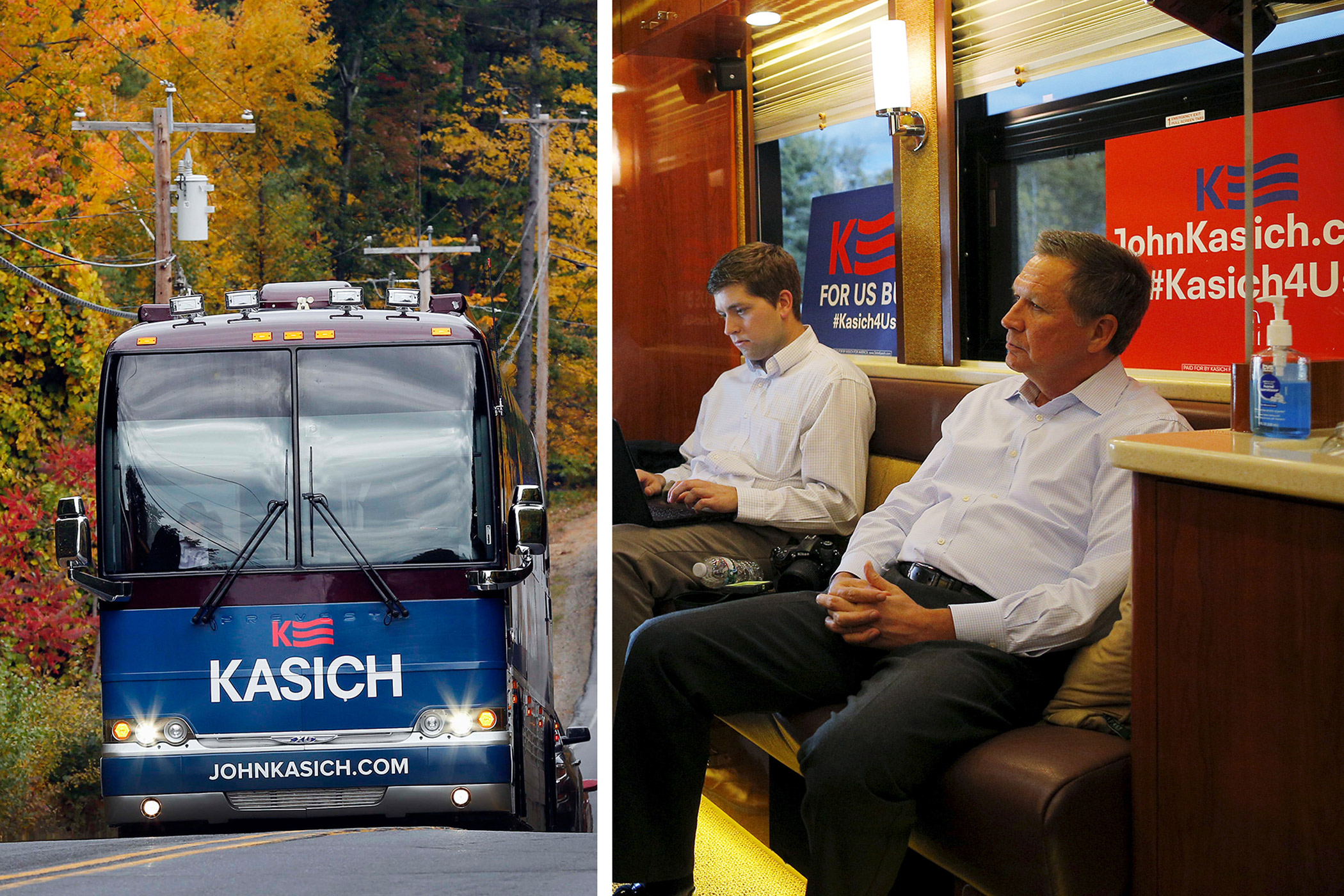 Republican presidential candidate John Kasich, at right, rides his campaign bus in Plymouth, New Hampshire on Oct. 14, 2015. At left, the exterior of Kasich's bus is seen on Oct. 13, 2015, in Bow, N.H.