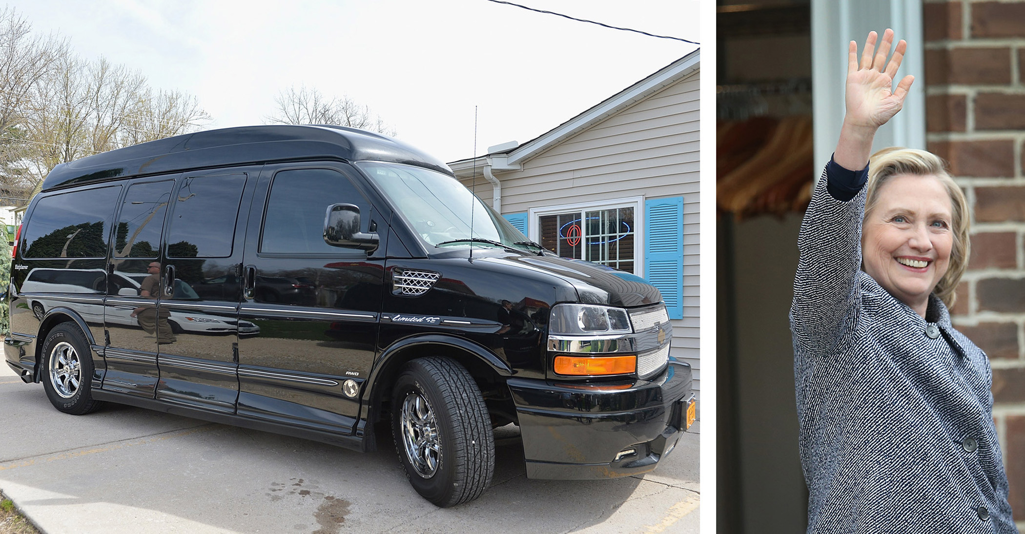 Democratic presidential candidate Hillary Clinton's van, at left, is parked during a campaign visit on April 14, 2015 in Le Claire, Iowa. Clinton, at right, waves after an even on May 18, 2015 in Mason City, Iowa.