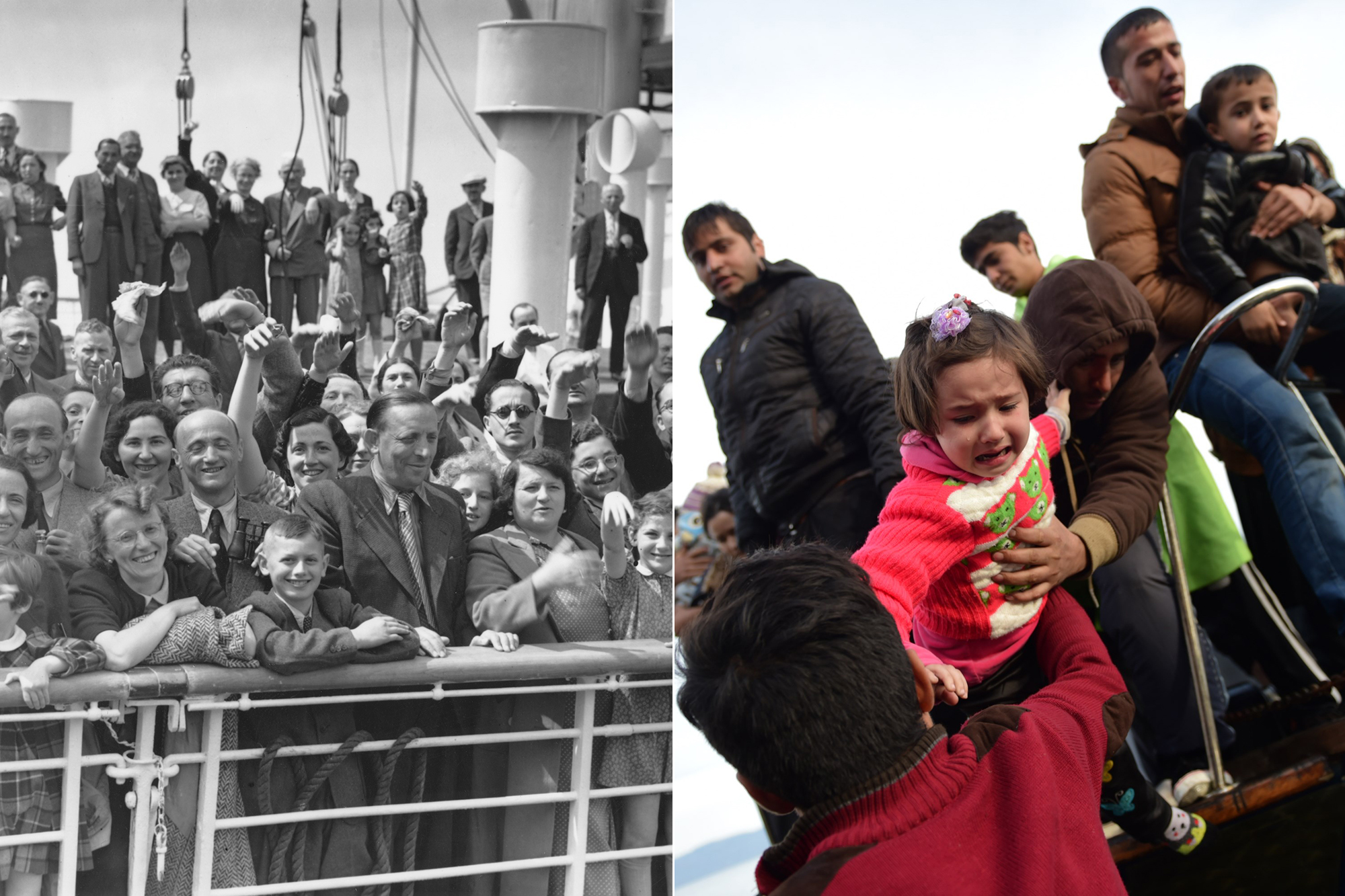 From left: Some of the 700 Jewish refugees aboard the Hamburg-America liner St. Louis on arrival at Antwerp, Belgium on June 17, 1939. A child is lifted off, as migrants and refugees disembark on the Greek island of Lesbos on Nov. 16, 2015. (Keystone—Getty Images; Bulent—AFP/Getty Images)