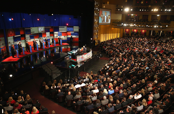 Presidential candidates Ohio Governor John Kasich (L-R), Jeb Bush, Sen. Marco Rubio (R-FL), Donald Trump, Ben Carson, Ted Cruz (R-TX), Carly Fiorina, and Sen. Rand Paul (R-KY) take part in the Republican Presidential Debate sponsored by Fox Business and the Wall Street Journal at the Milwaukee Theatre November 10, 2015 in Milwaukee, Wisconsin.