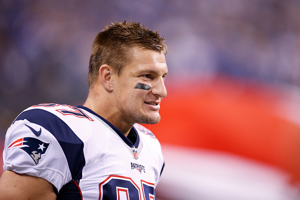 Rob Gronkowski #87 of the New England Patriots looks on during a game against the Indianapolis Colts at Lucas Oil Stadium on October 18, 2015 in Indianapolis, Indiana.