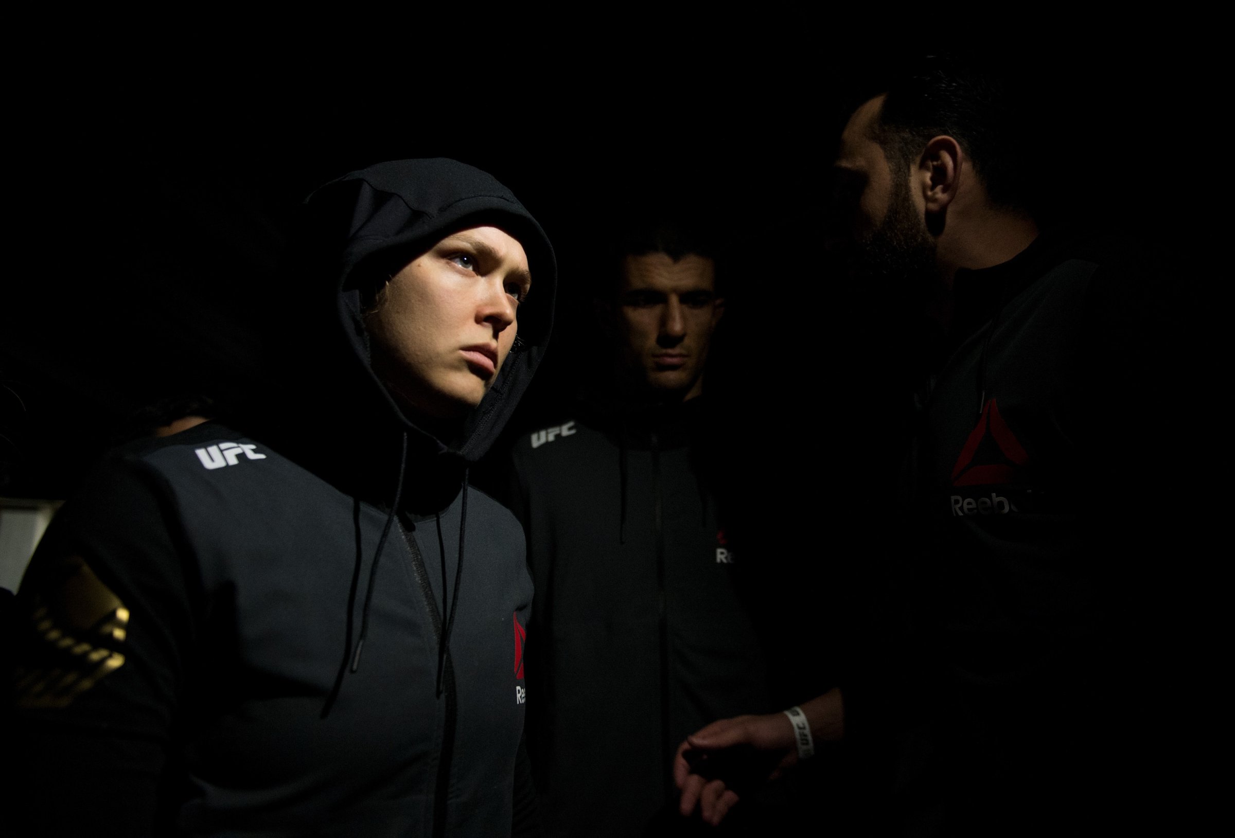 Ronda Rousey prepares to enter the Octagon before facing Holly Holm in their UFC women's bantamweight championship bout during the UFC 193 event at Etihad Stadium in Melbourne, Australia, on Nov. 15, 2015