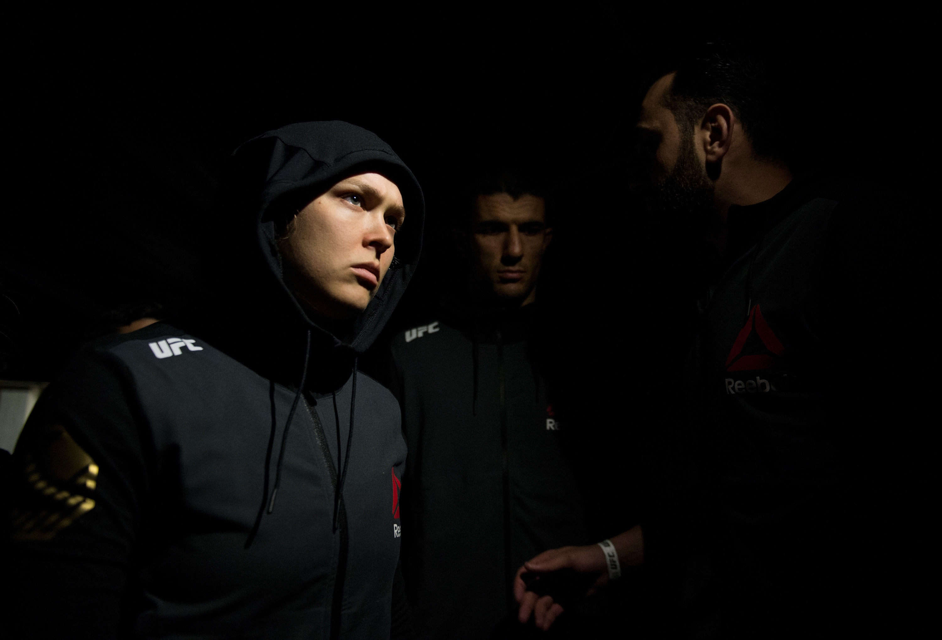 Ronda Rousey prepares to enter the Octagon before facing Holly Holm in their UFC women's bantamweight championship bout during the UFC 193 event at Etihad Stadium in Melbourne, Australia, on Nov. 15, 2015 (Brandon Magnus/—Zuffa LLC via Getty Images)