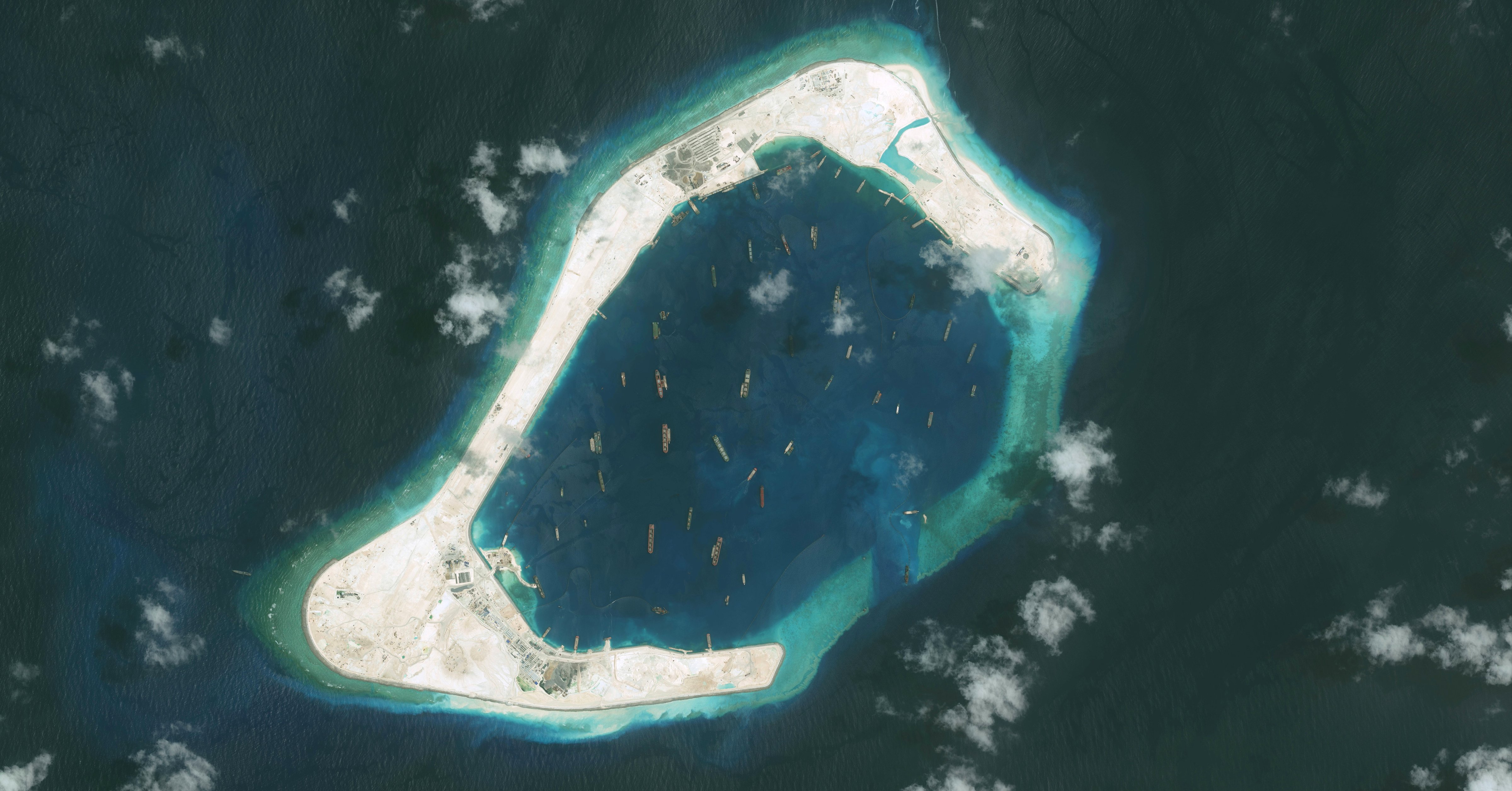 DigitalGlobe imagery of the Subi Reef in the South China Sea, a part of the Spratly Islands group. Photo DigitalGlobe via Getty Images.