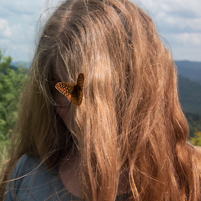 Butterfly in Dani's hair, Whitesville, WV