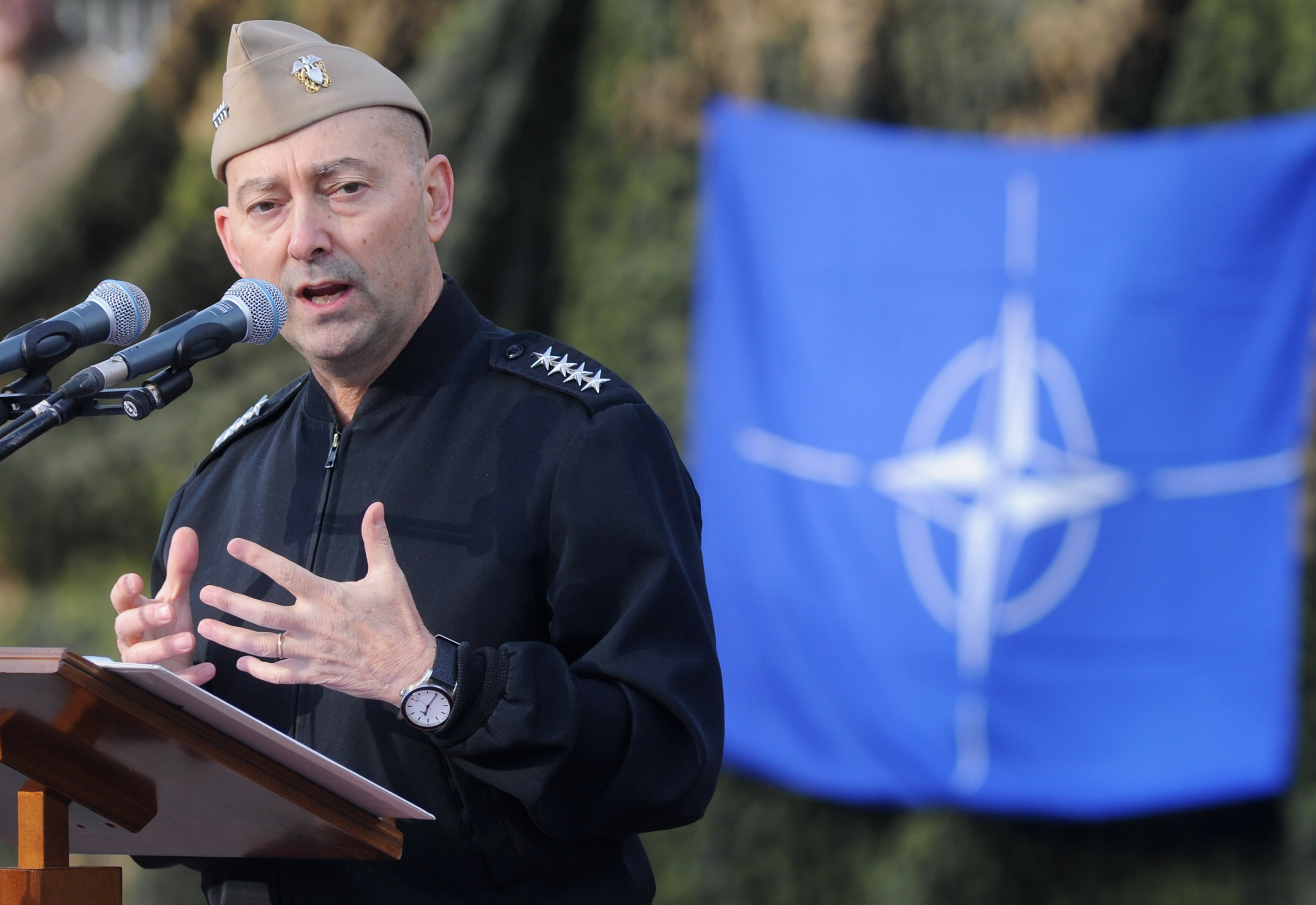 Supreme Allied Commander Europe (SACEUR) Admiral James Stavridis makes a speech at the departure ceremony for OTAN Rapid Deployable Corps - Italy bound for Afghanistan at Ugo Mara Barracks in Solbiate Olona, Italy, on Jan. 10, 2013.