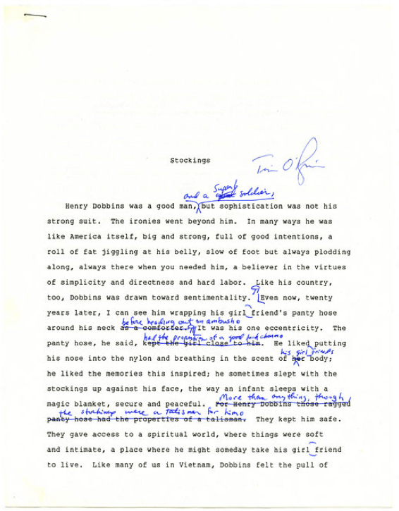 Manuscript page from "Stockings" chapter of The Things They Carried, hand-corrected by Tim O'Brien (Harry Ransom Center)