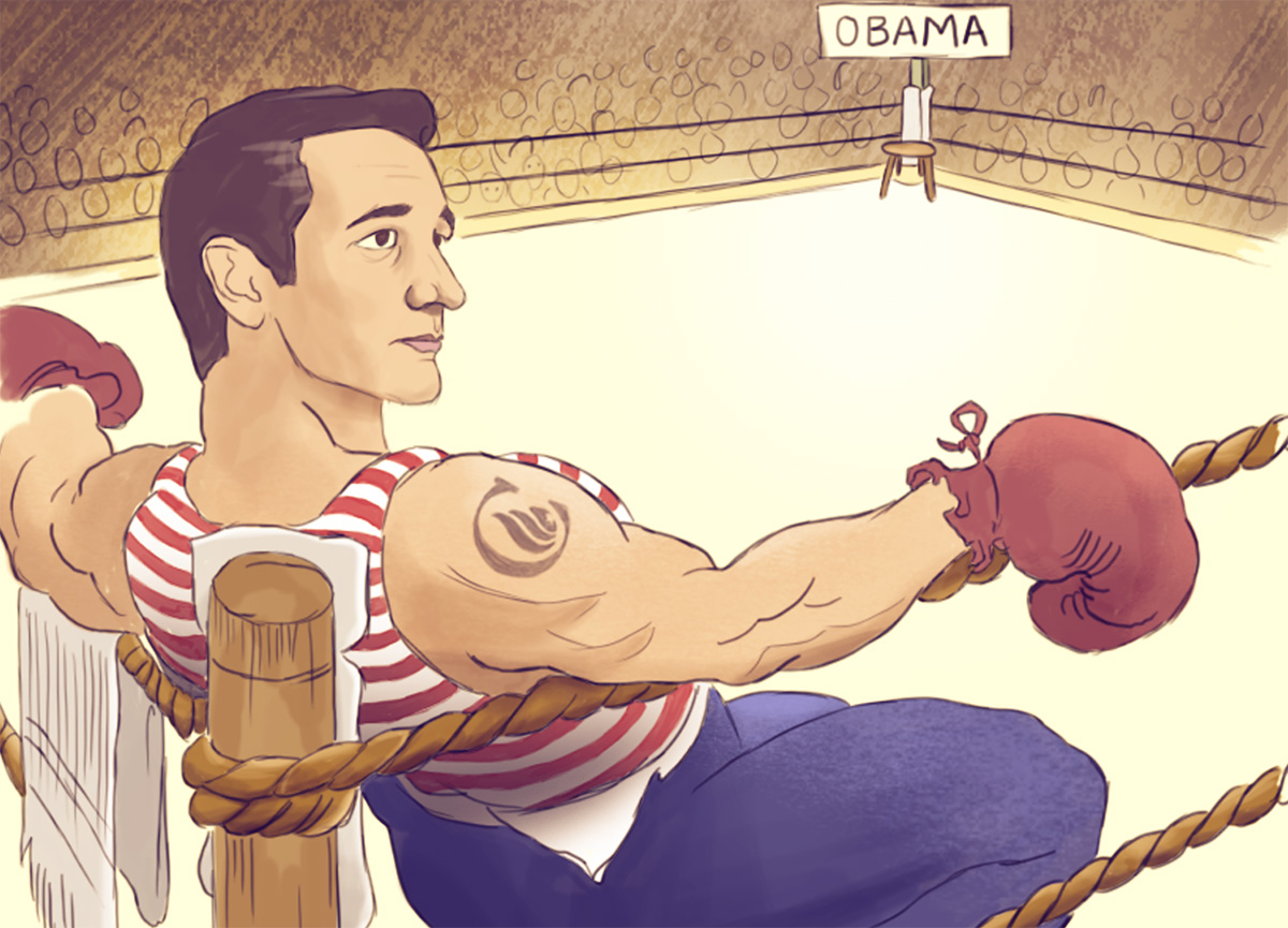 An online ad shows Texas Sen. Ted Cruz in an empty boxing ring waiting to face President Obama. (Courtesy of the Cruz campaign)