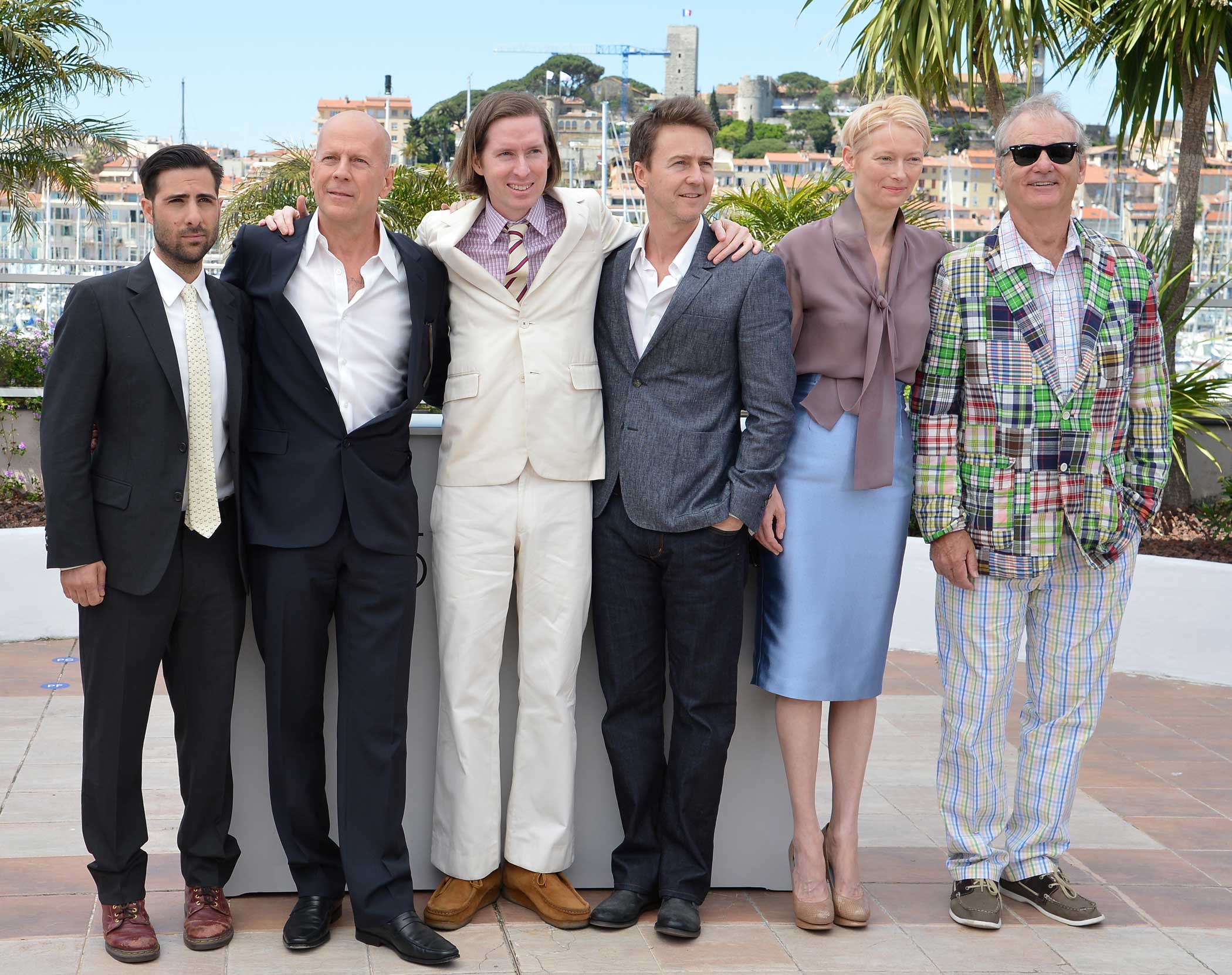 From left: Jason Schwartzman, Bruce Willis, Wes Anderson, Edward Norton, Tilda Swinton, and Bill Murray promote Moonrise Kingdom at the 65th Cannes Film Festival on May 16, 2012 in Cannes, France.