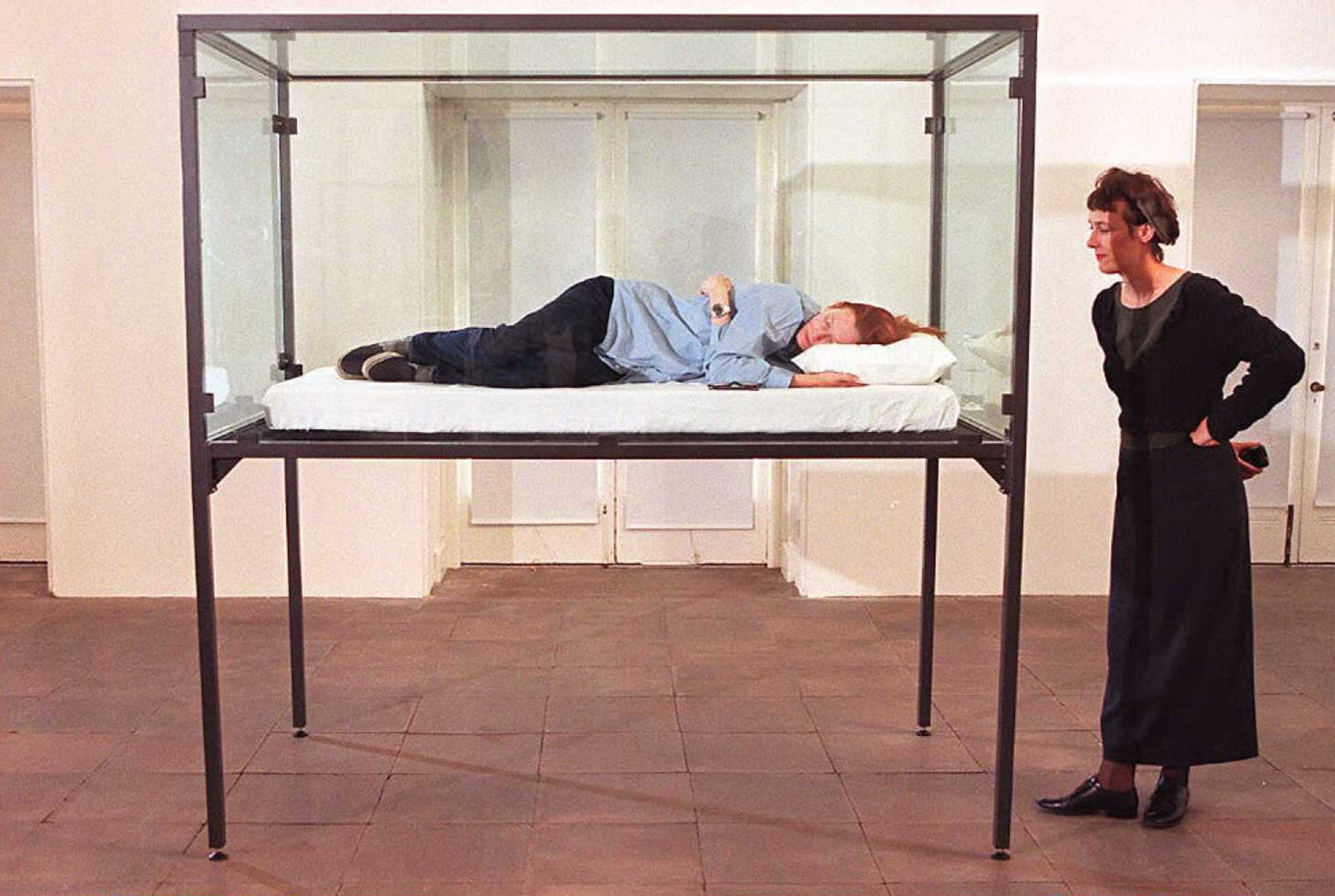 Tilda Swinton is pictured sleeping in a glass box as part of an exhibition called "The Maybe" at the Serpentine Gallery on Sept. 4, 1995 in London.