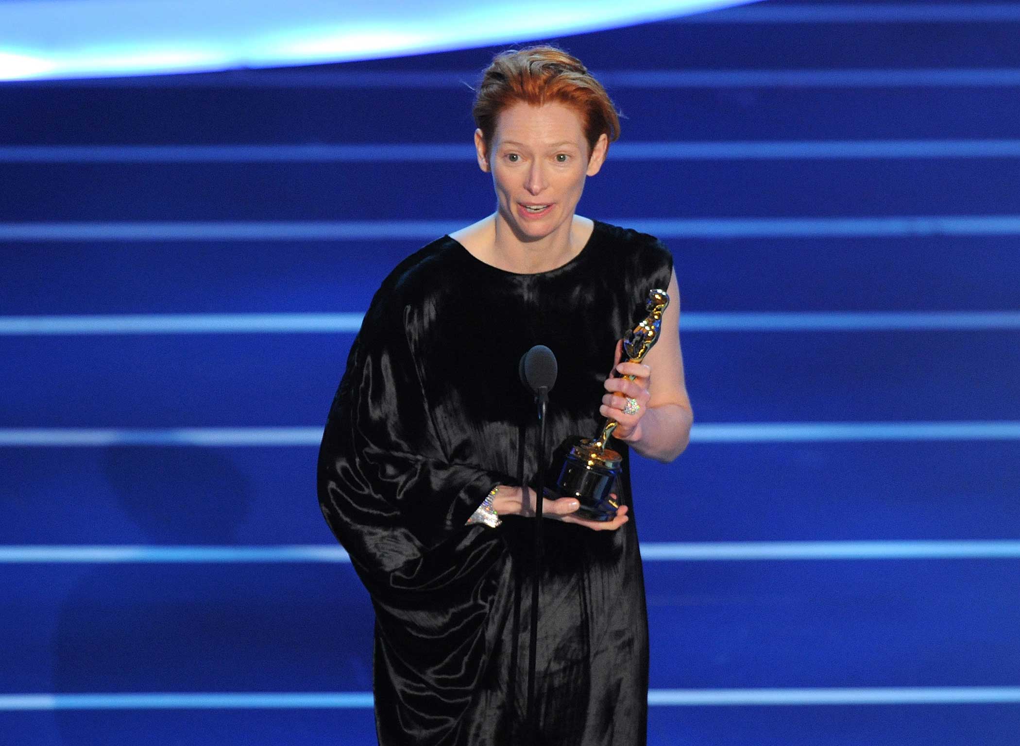 Tilda Swinton is pictured onstage during the 80th Annual Academy Awards on Feb. 24, 2008 in Los Angeles.